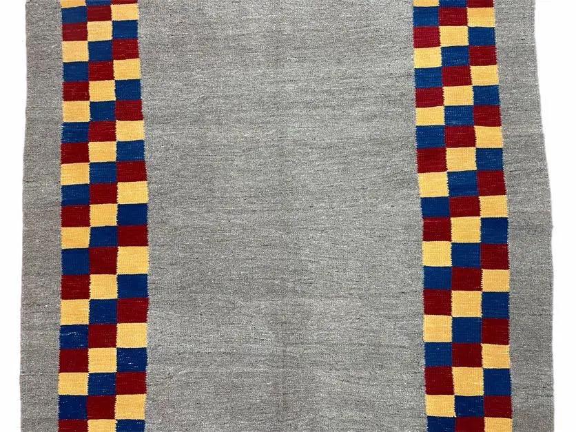 Gray Kilim Carpet, Yellow, Red, Blue Checkerboard Pattern, Flatweave, New, Geometric, Hand-Knotted, Wool, Turkish Area Rug, 5' 9" x 7' 9" by Jewel Rugs