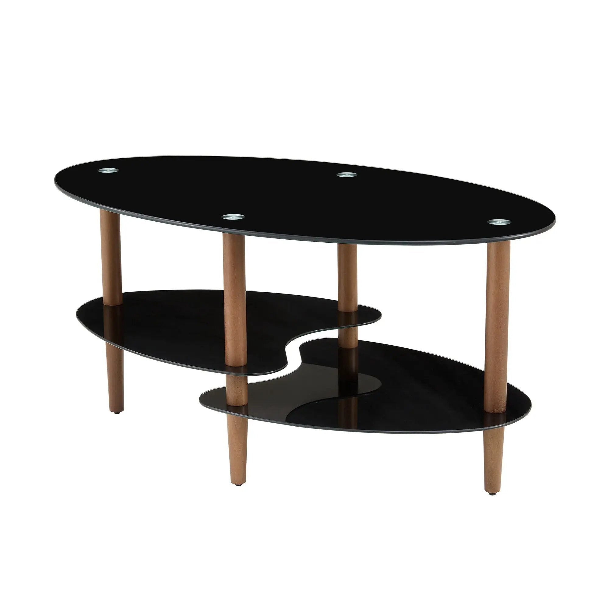 Oval Glass Coffee Table, Modern Table In Living Room Oak Wood Leg Tea Table 3-Layer Tempered Glass Table - Brown / Black by HouseOfZazla