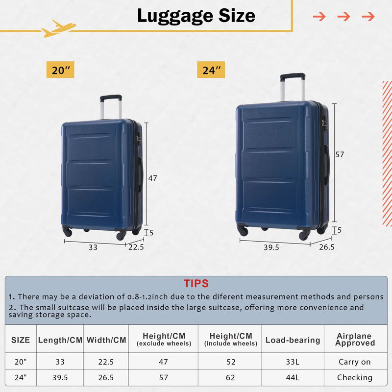 2 Piece Luggage Set With Bags Expanable Spinner Wheels ABS Lightweight Suitcase With Tsa Lock 20" / 24" by HouseOfZazla