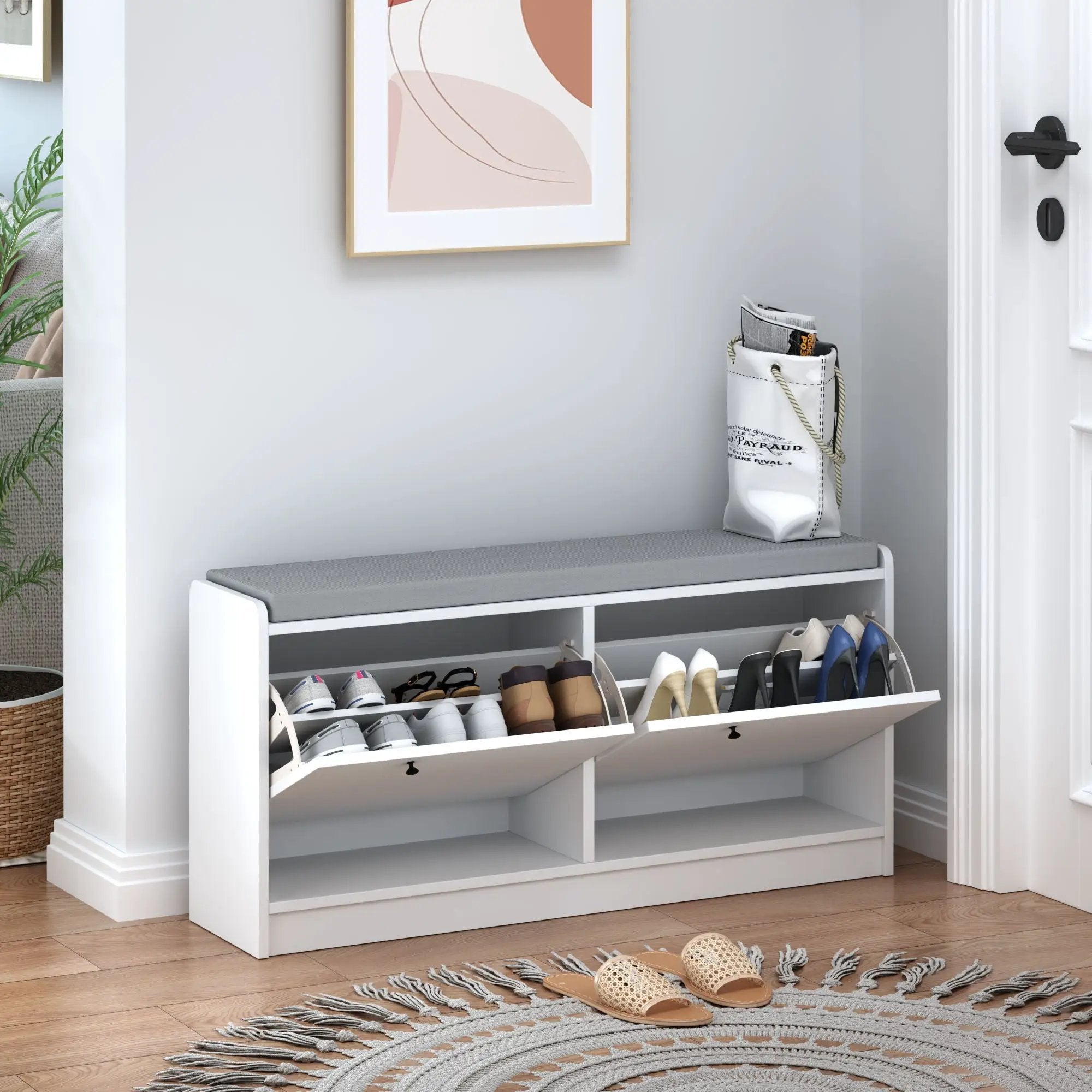 Shoe Storage Bench With Cushion, Entryway Organizer Cabinet For Hallway - White by HouseOfZazla