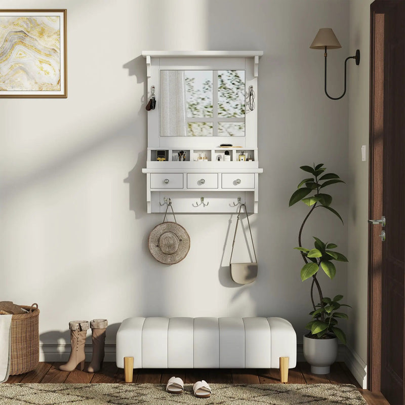 Floating Makeup Vanity With Big Mirror, Wall Mounted Storage Vanity With Drawers, Pockets & Hooks, Space Saving Decorative Home Organizer - White by HouseOfZazla