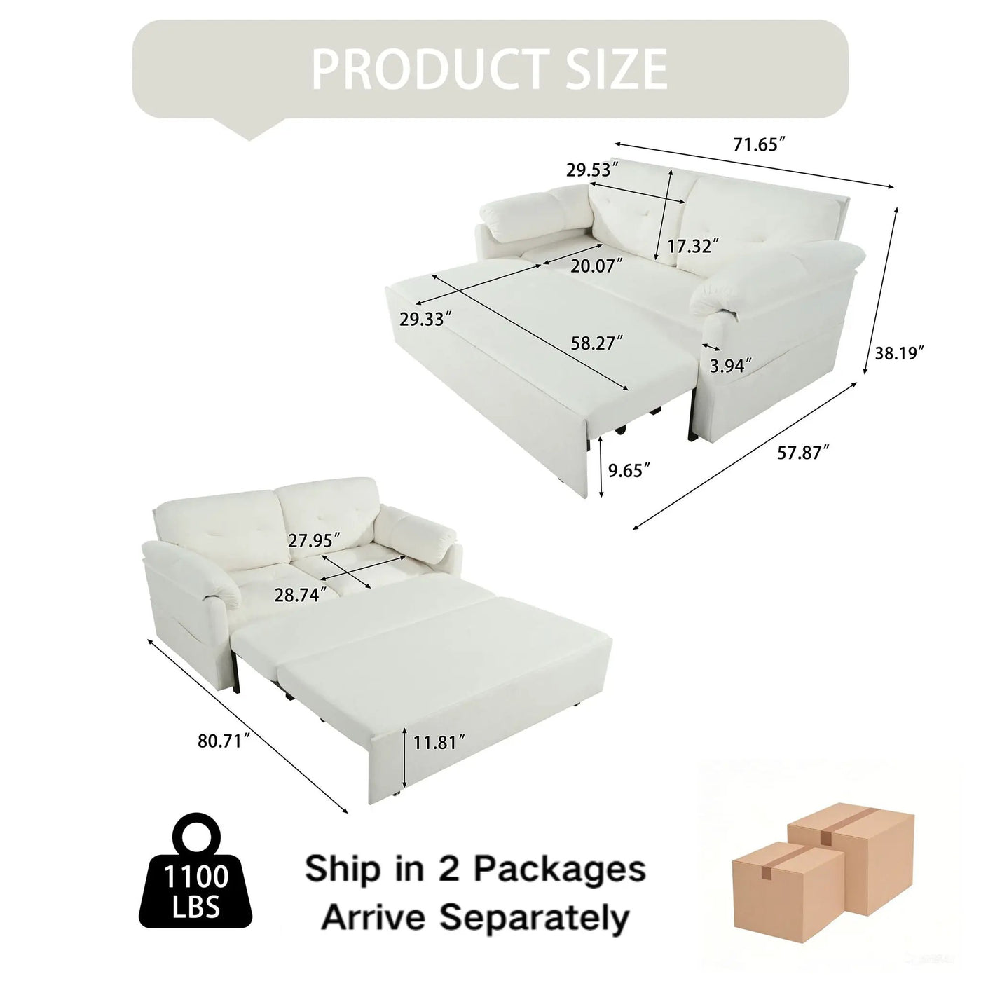 Convertible Pull Out Sofa Bed Queen Size, 3 In 1 With Side Storage by HouseOfZazla