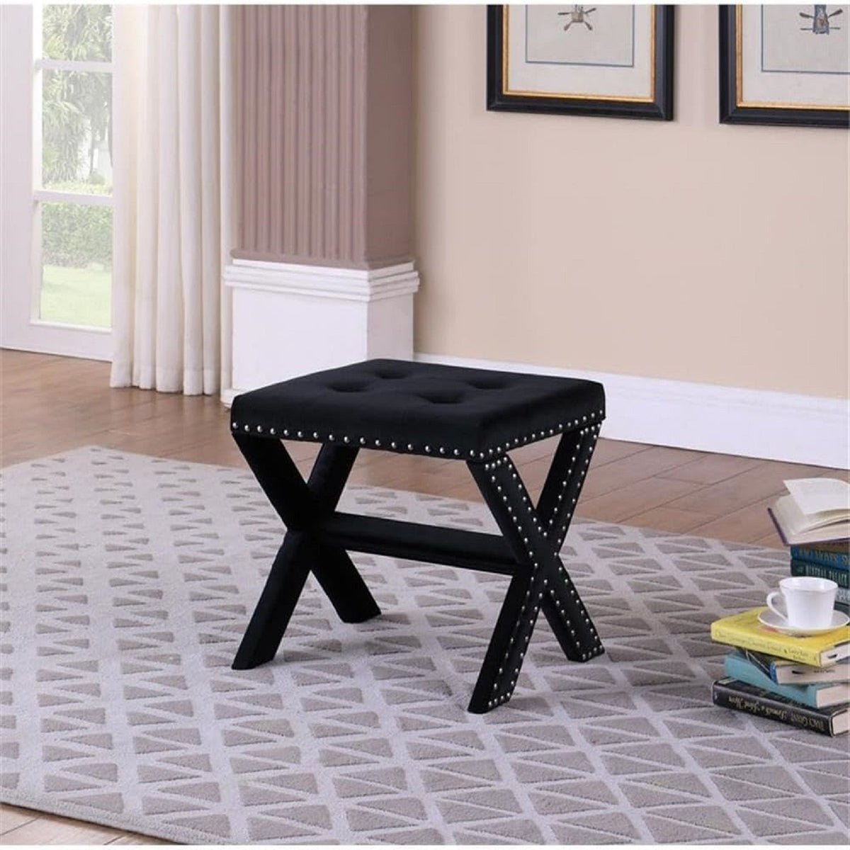 Upholstered Accent Bench with Nailhead Trim and Tufted Seat - Gray, Dark Gray, Black, Blue, photo 17 of 23