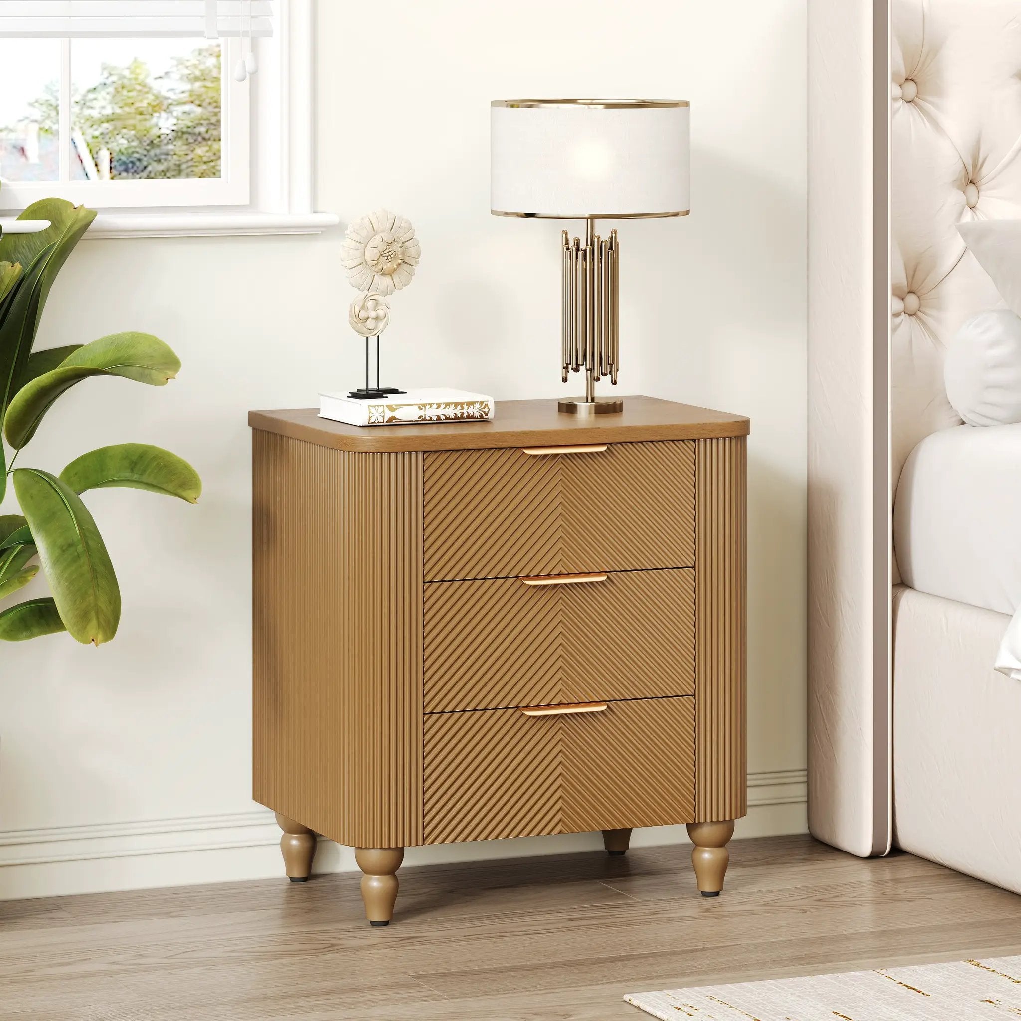 Mid-Century Fluted 3 Drawers Nightstand, Bedside Table with Curved Profile Design and Wide by HouseOfZazla