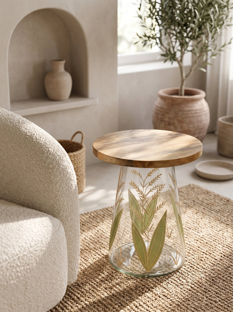 Round Glass Side Table with Hand-Painted Glass Base and Wood Top, photo 7 of 9