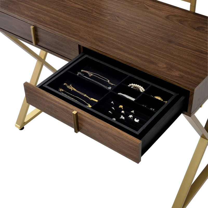 Coleen Walnut & Gold Finish Vanity Desk with Mirror & Jewelry Tray by HouseOfZazla