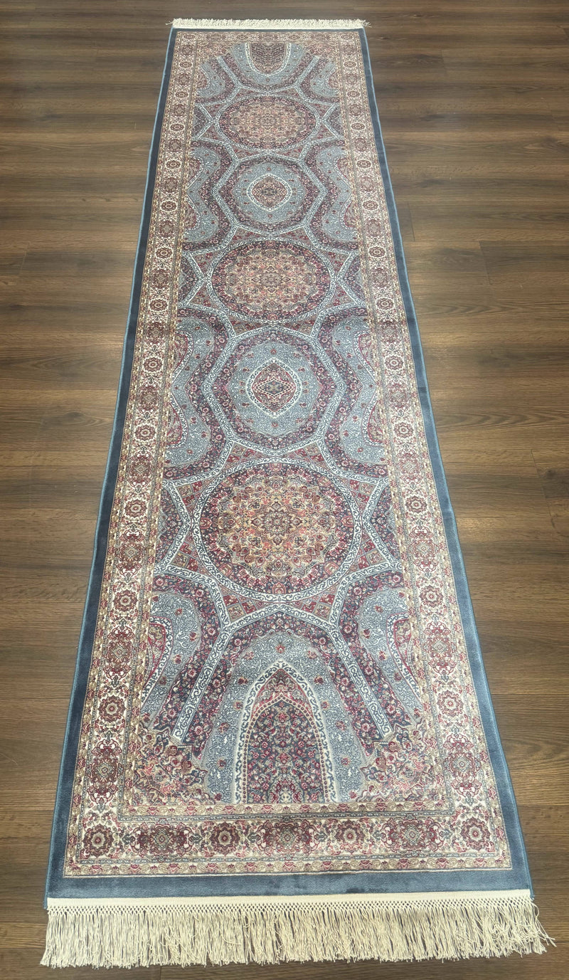 Turkish Silk Runner Rug 2.6 x 10, Light Blue Carpet, Bamboo Silk, New by Jewel Rugs