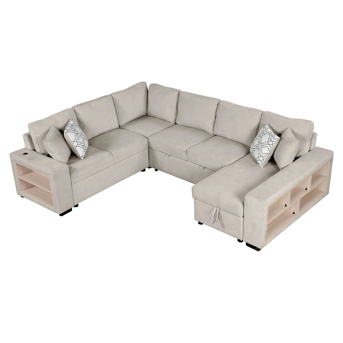 U-Shaped Sectional Sofa Pull-Out Sofa Bed With Two USB Ports, A Storage Chaise Lounge And Four Back Pillows For Living Room by HouseOfZazla
