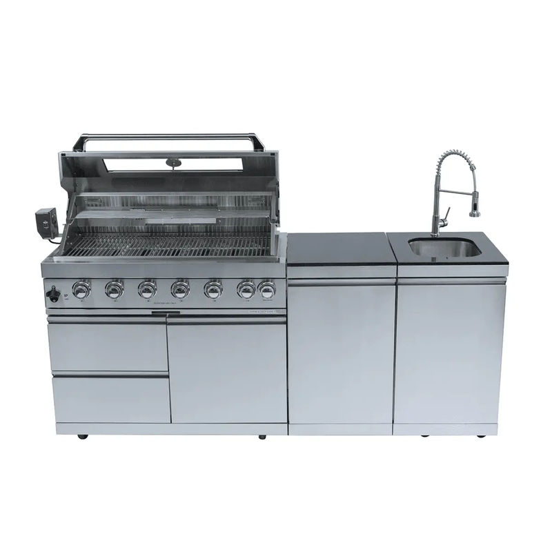 82" 6-Burner 85000 BTU Silver Outdoor Kitchen Island Grill + Storage Cabinets & Drawers & Sink/Faucet by Chery Industrial