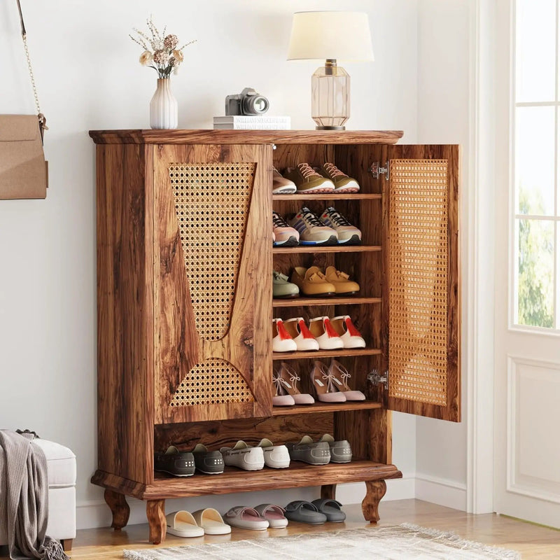Shoe Cabinet With 5 Tier Freestanding Organizer, Ventilated Doors - Natural Wood by HouseOfZazla