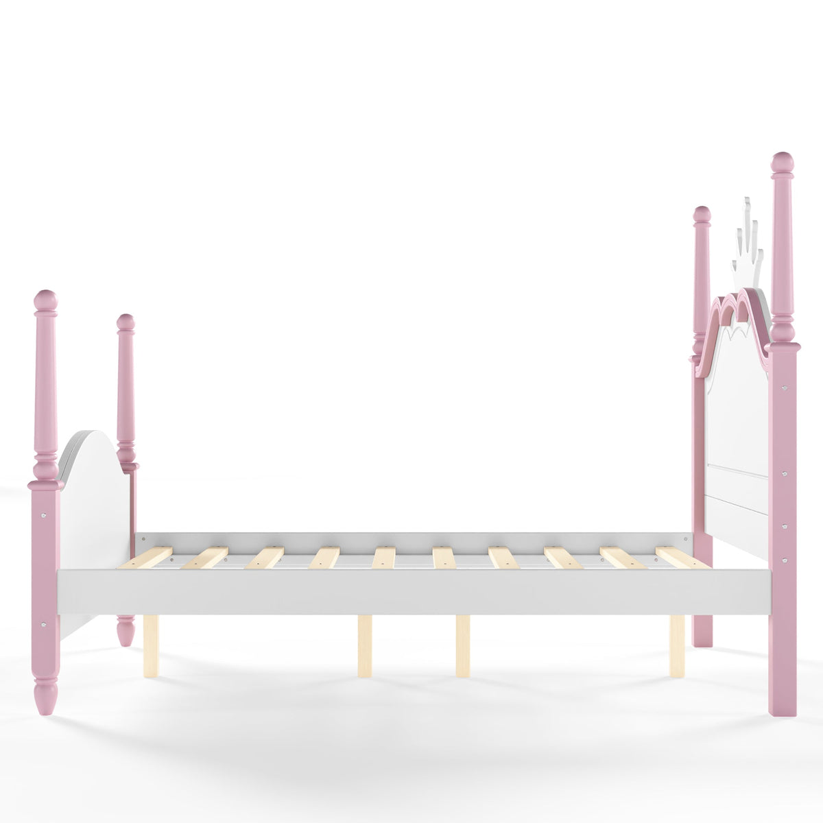 Full Size Crown Shaped Platform Bed, Four Poster Stylish Wooden Bed Frame, Elegant Curved Headboard Bed Frame For Bedroom,White&Pink, photo 9 of 10