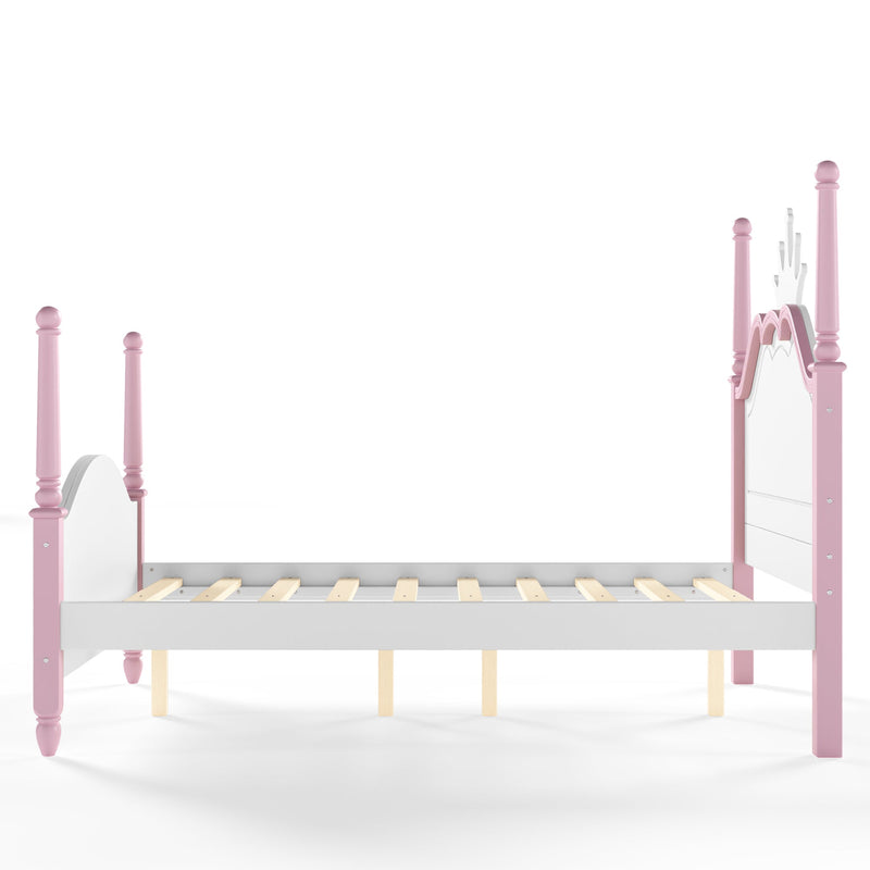 Full Size Crown Shaped Platform Bed, Four Poster Stylish Wooden Bed Frame, Elegant Curved Headboard Bed Frame For Bedroom,White&Pink, photo 9 of 10