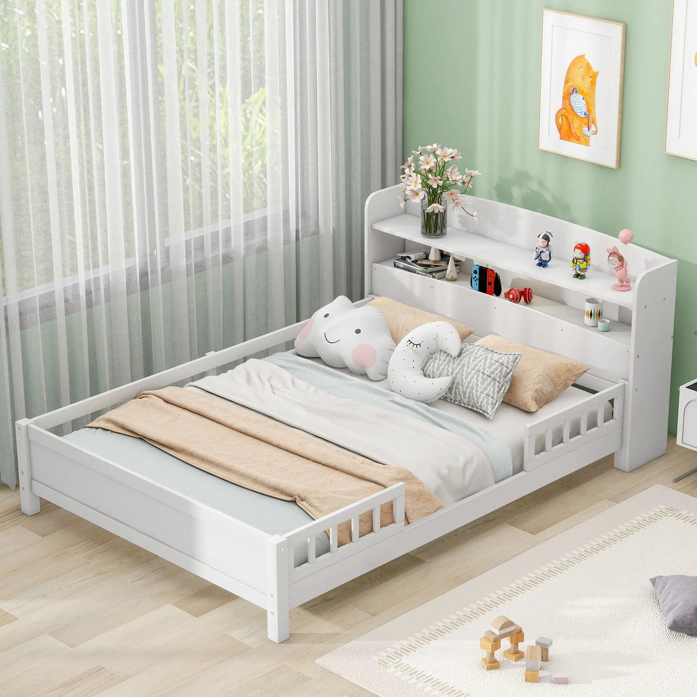 Wood Platform Bed With Built In LED Light, Storage Headboard And Guardrail by HouseOfZazla