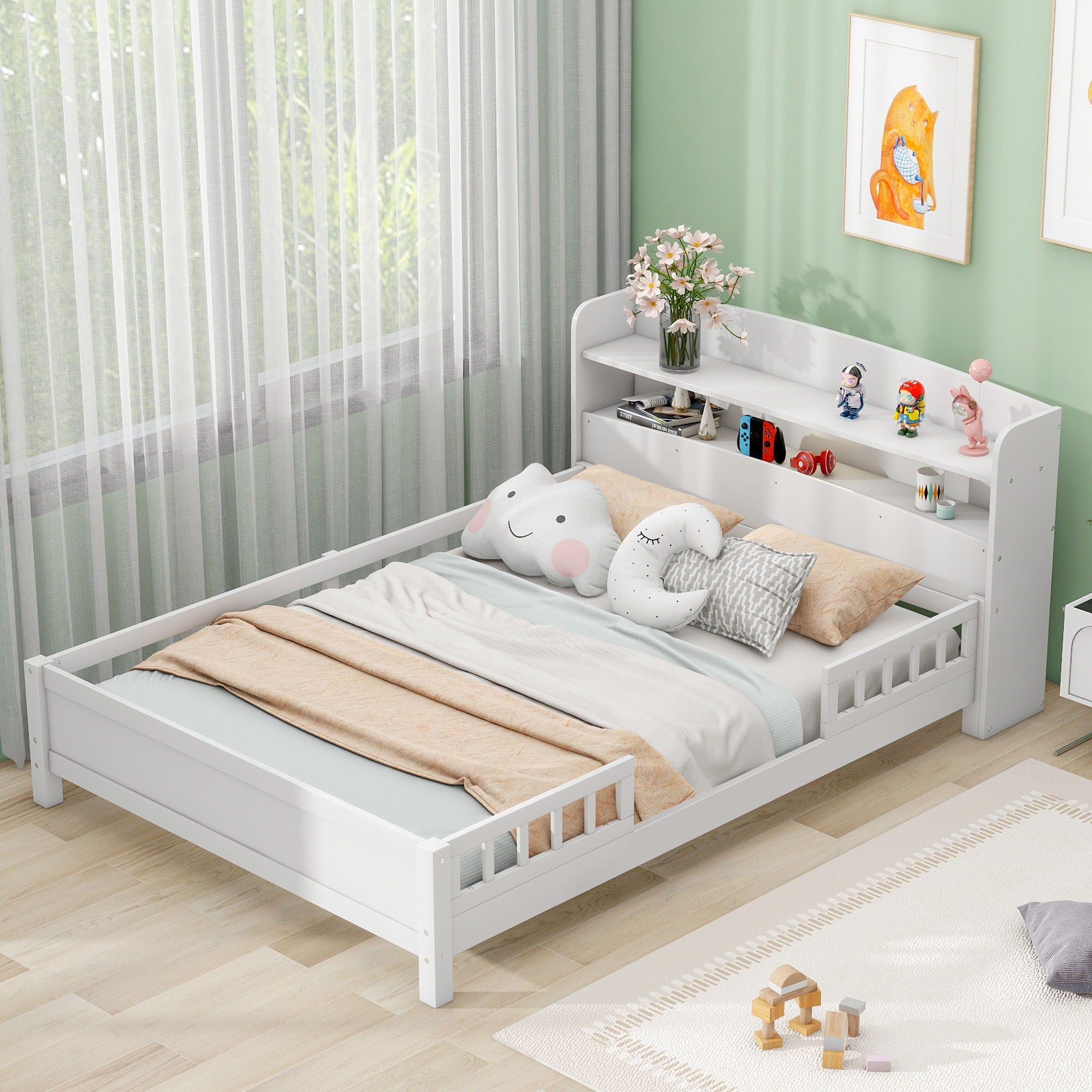 Wood Platform Bed With Built In LED Light, Storage Headboard And Guardrail by Unique Piece Furniture
