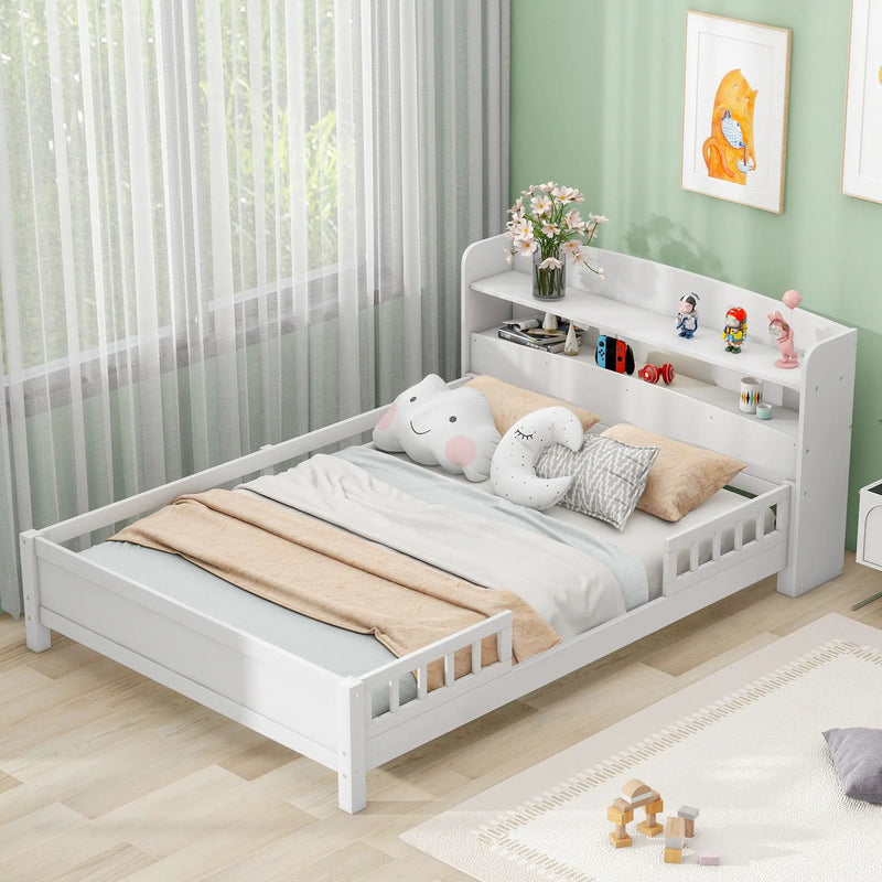 Wood Platform Bed With Built In LED Light, Storage Headboard And Guardrail