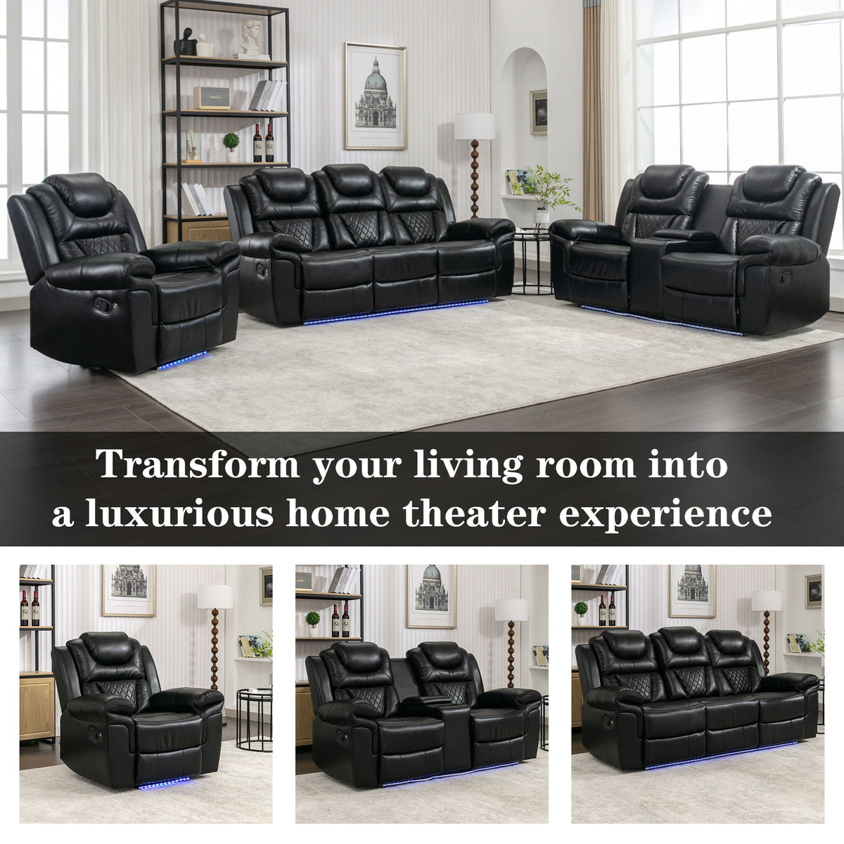 Home Theater Seating Manual Recliner Chair With Center Console And Led Light Strip For Living Room, photo 10 of 13