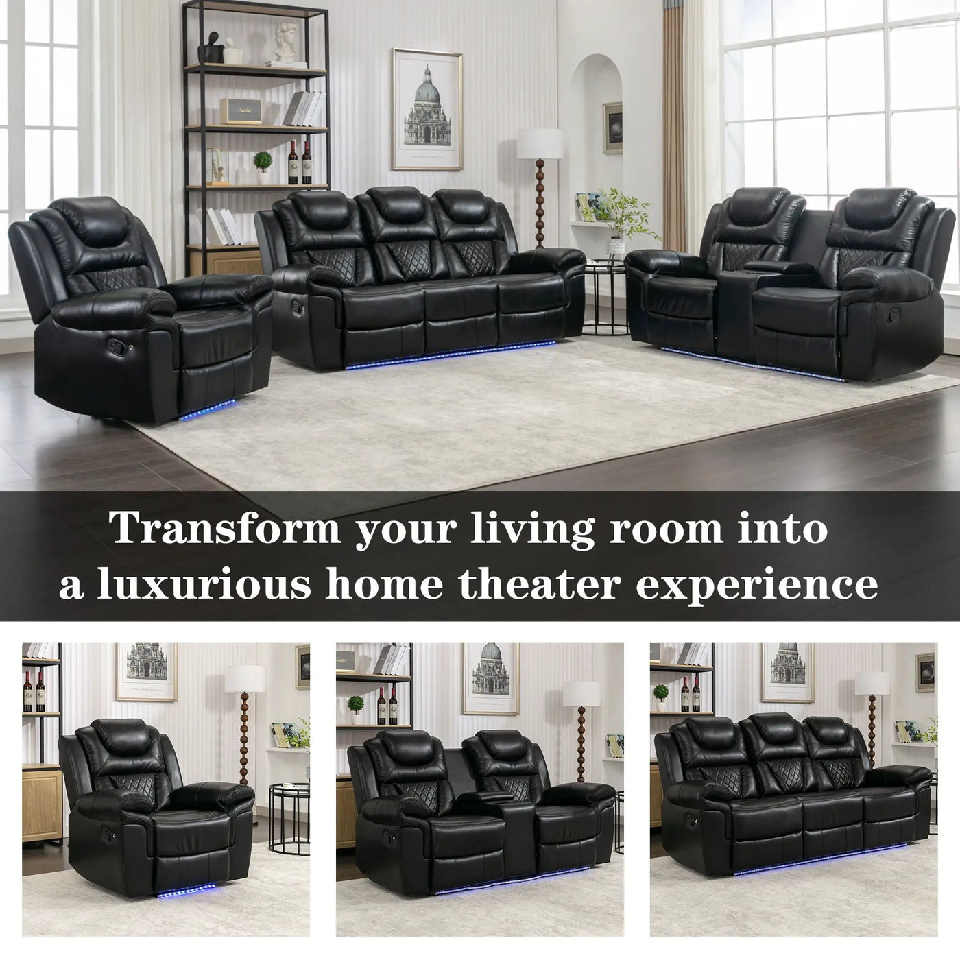 Home Theater Seating Manual Recliner Loveseat With Hide-Away Storage, Cup Holders And Led Light Strip For Living Room by HouseOfZazla