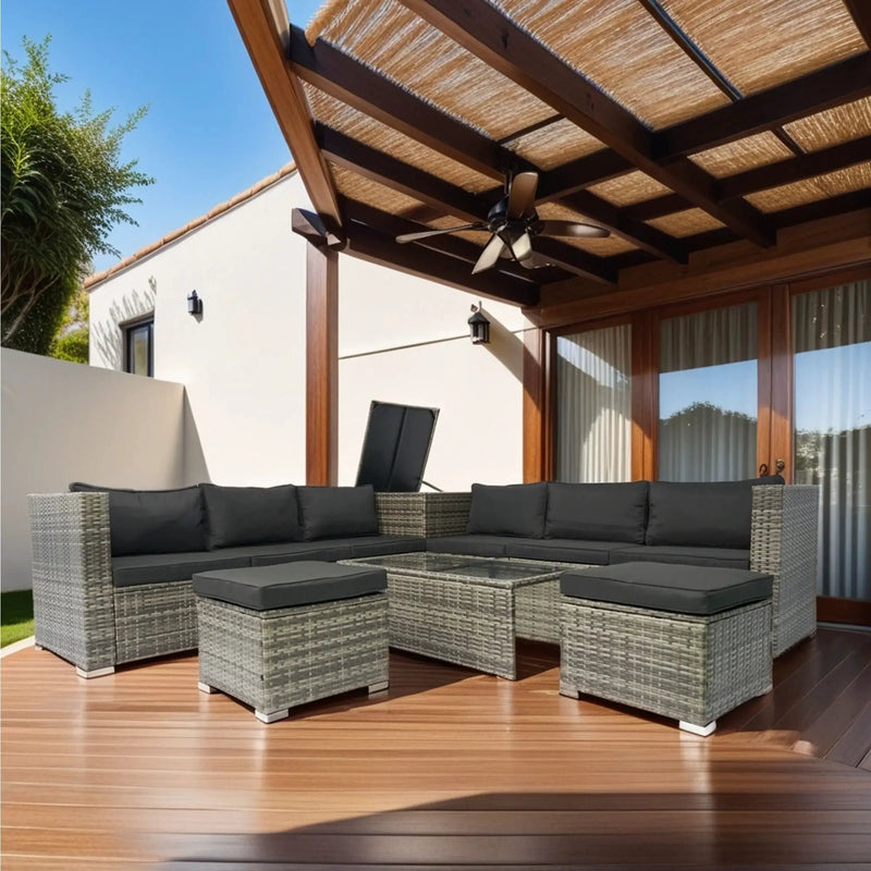 8 Piece Patio Sectional Wicker Rattan Outdoor Furniture Sof Set With One Storage Box Under Seat And Cushion Box - Gray / Black by Unique Piece Furniture