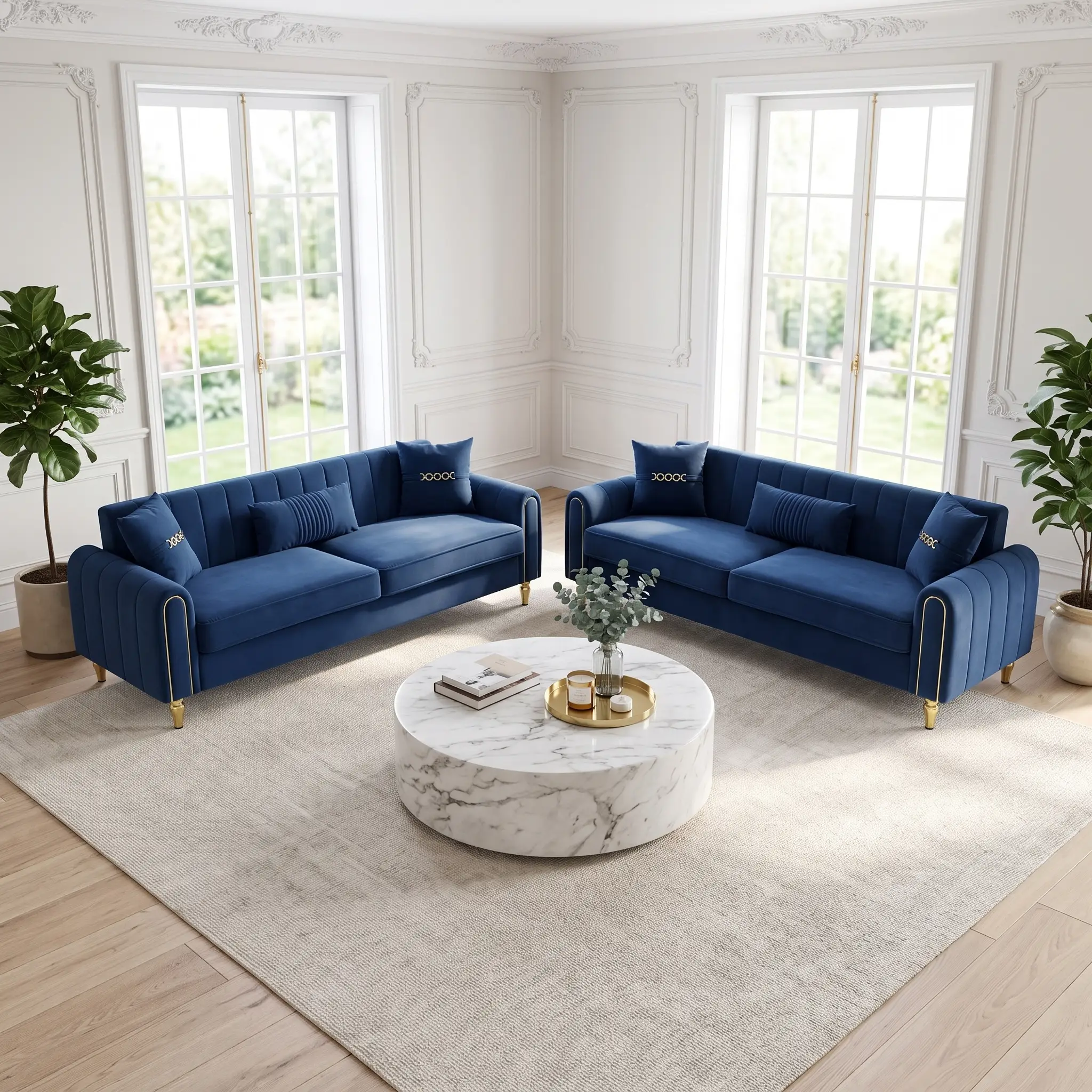 Vintage Blue Velvet 2-Piece Sofa Set by HouseOfZazla