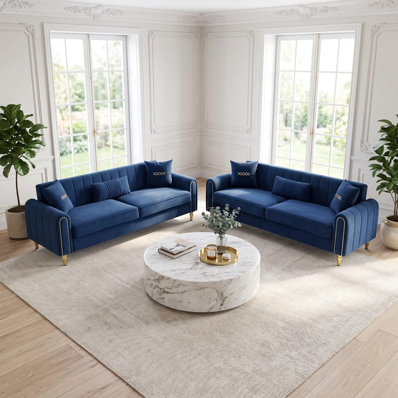 Vintage Blue Velvet 2-Piece Sofa Set by HouseOfZazla