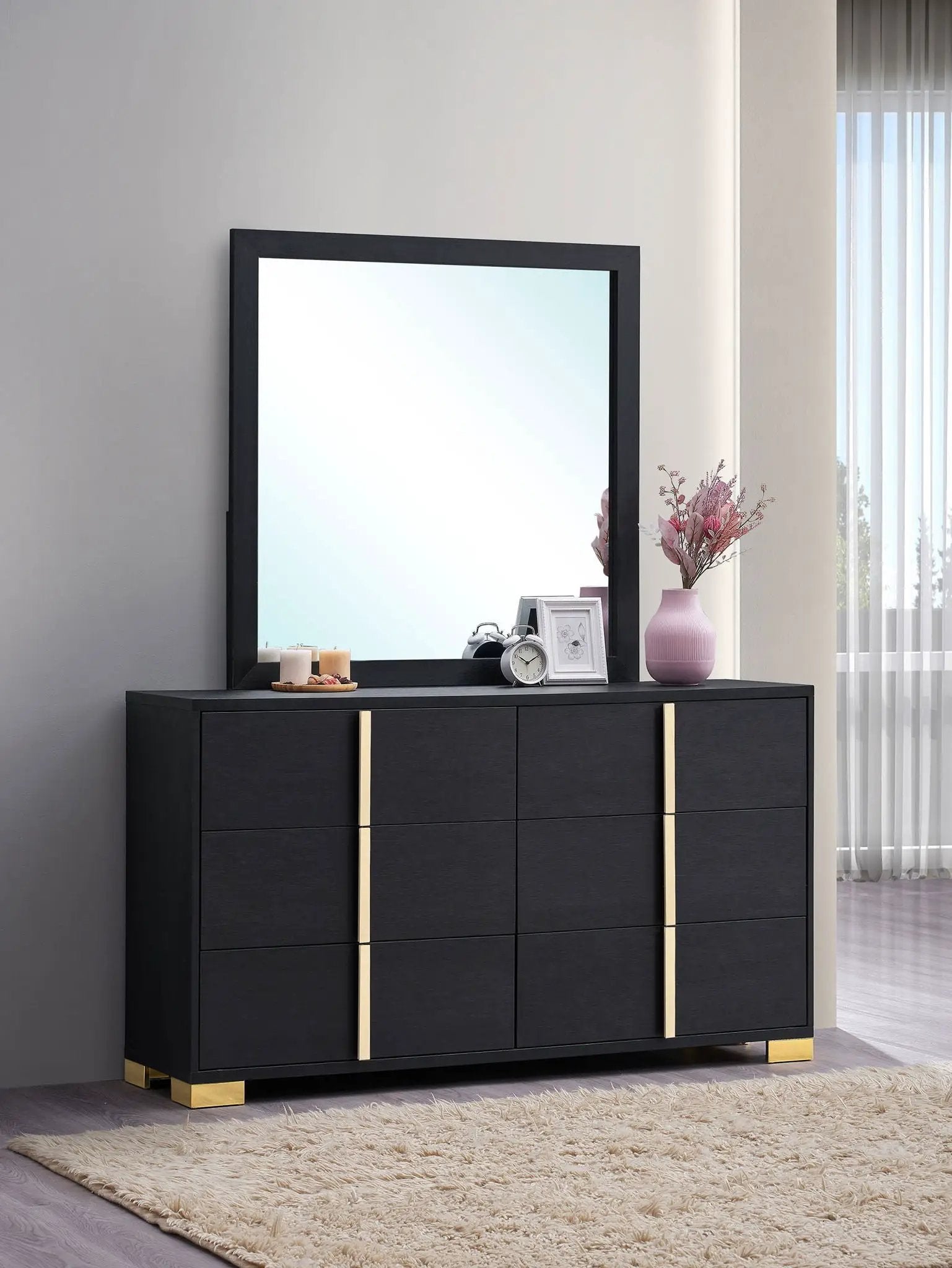 Marceline 6-drawer Dresser with Mirror Black by Unique Piece Furniture