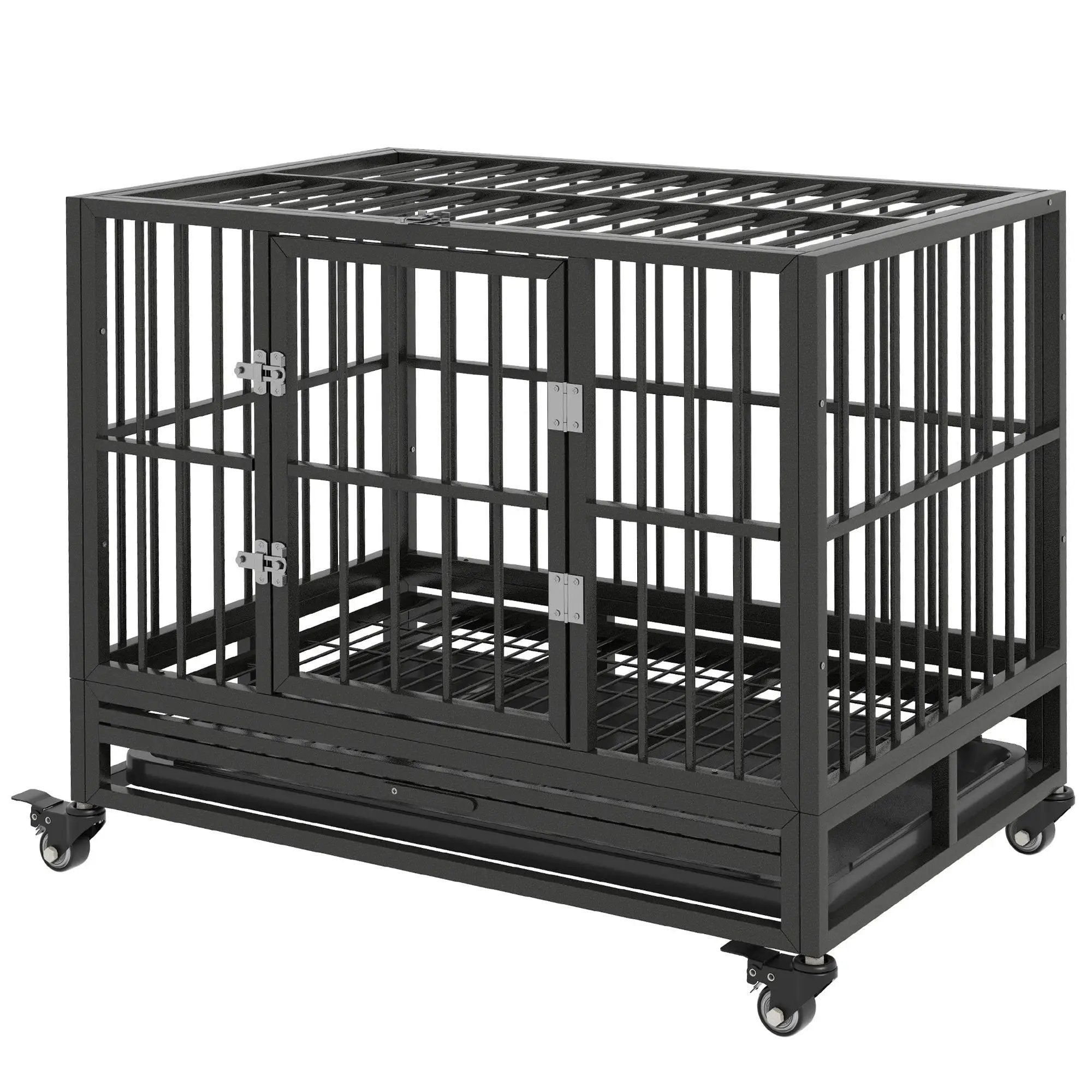 Pawhut - 36" Heavy Duty Dog Crate Metal Cage Kennel With Lockable Wheels, Double Door And Removable Tray - Gray by HouseOfZazla