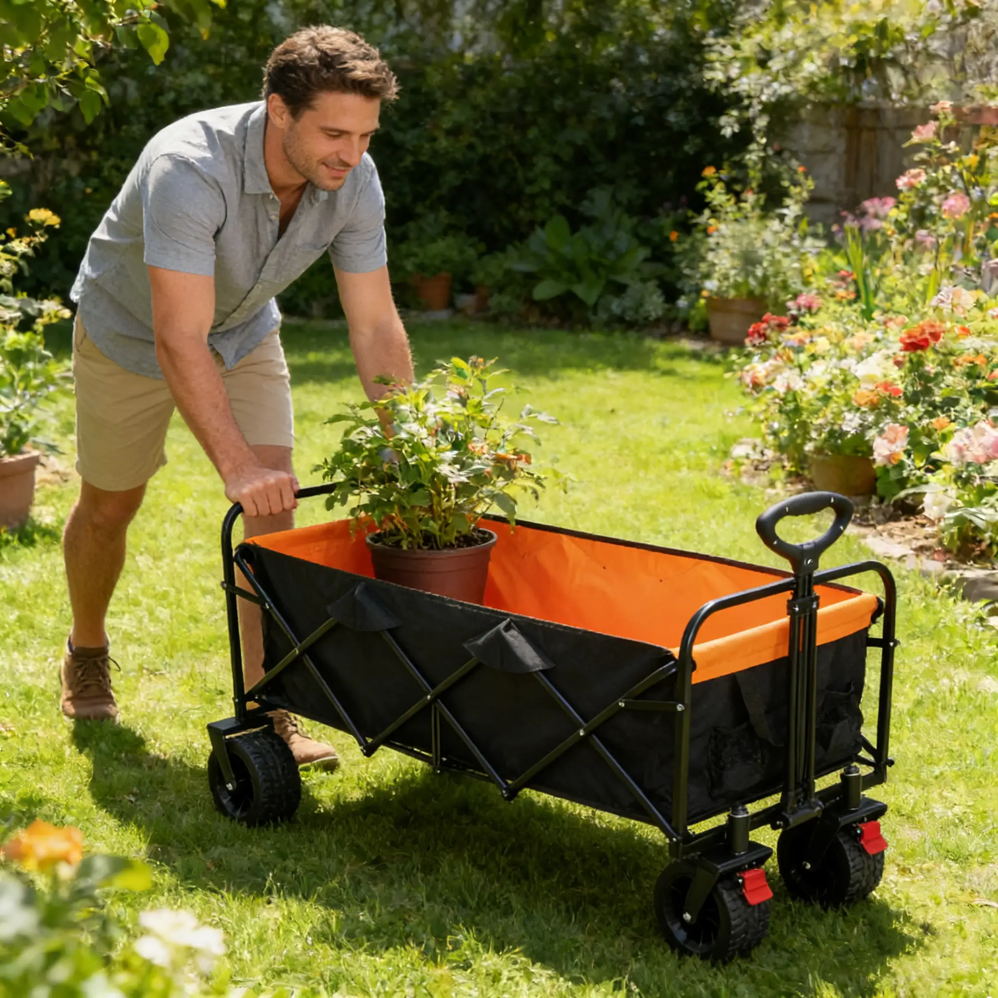 Big Large Capacity Folding Wagon Cart with Extender (Black + Orange) by HouseOfZazla