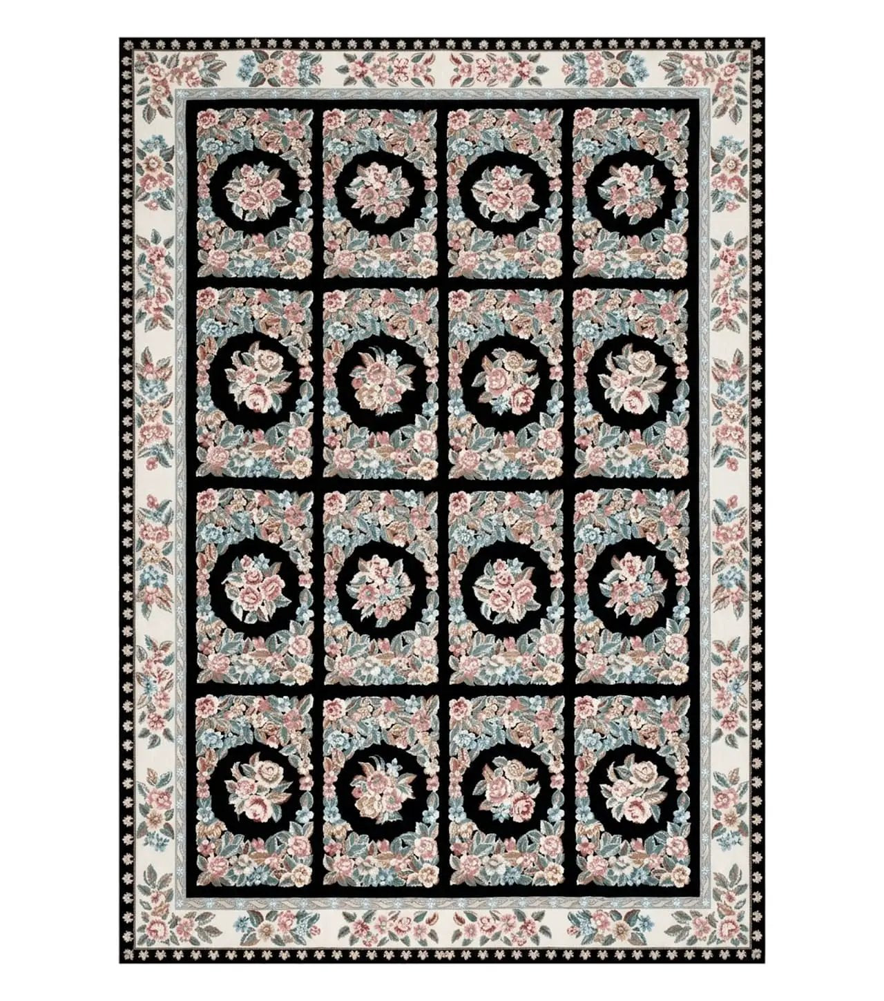 Floral Needlepoint Rug 9.5 x 13.6, Floral Panel Design, Black and Ivory Flatweave Aubusson Carpet, Multicolor by Jewel Rugs
