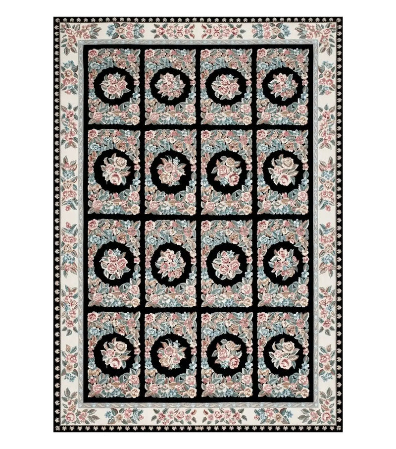 Floral Needlepoint Rug 9.5 x 13.6, Floral Panel Design, Black and Ivory Flatweave Aubusson Carpet, Multicolor by Jewel Rugs