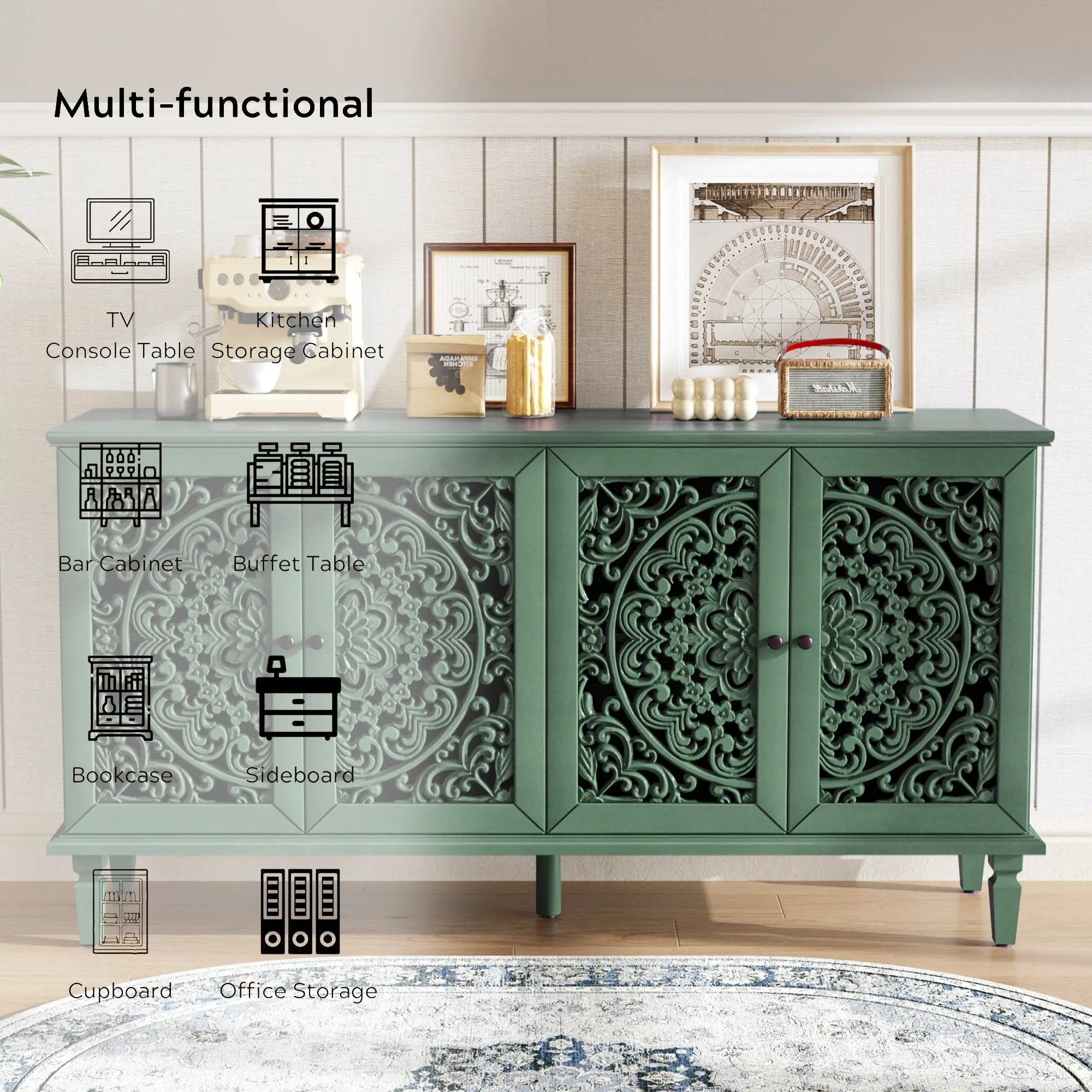 60' Antique Buffet Cabinet with Floral Carvings by HouseOfZazla