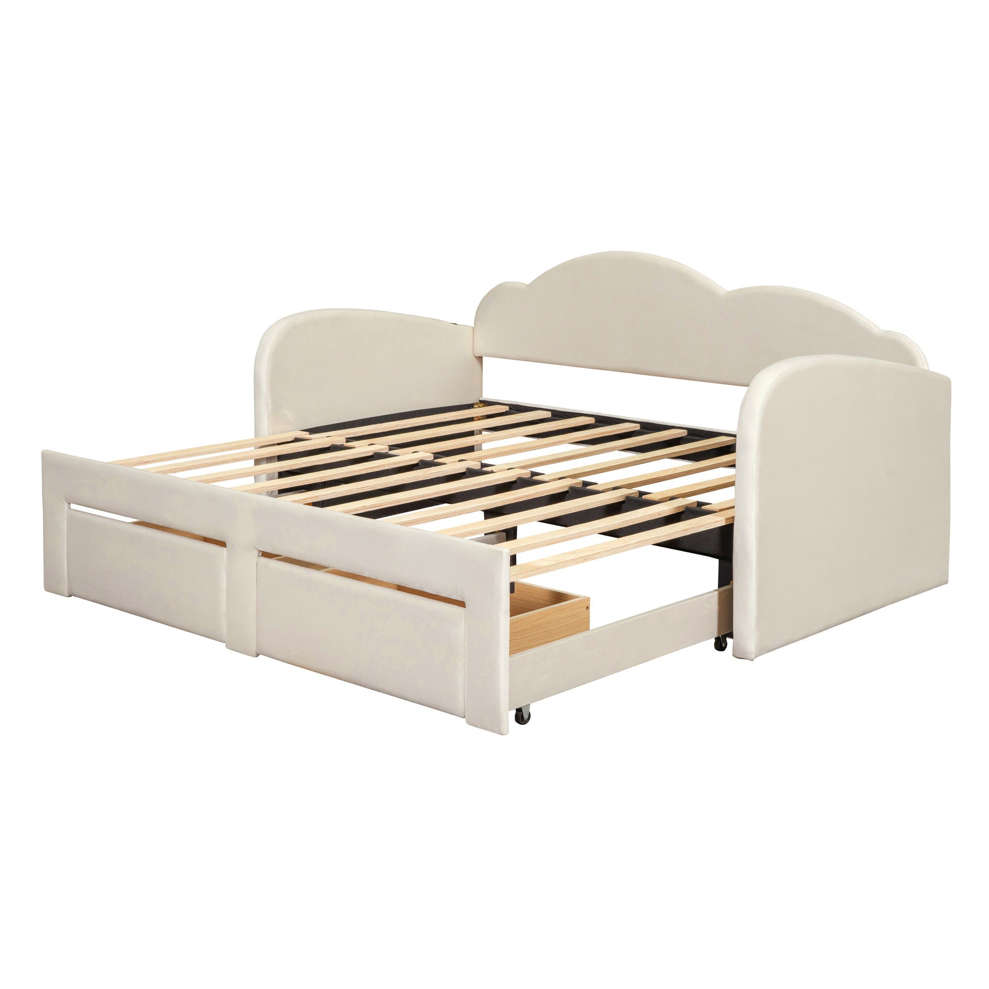 Upholstered Daybed With Cloud-Shaped Backrest, Trundle & 2 Drawers And USB Ports by HouseOfZazla