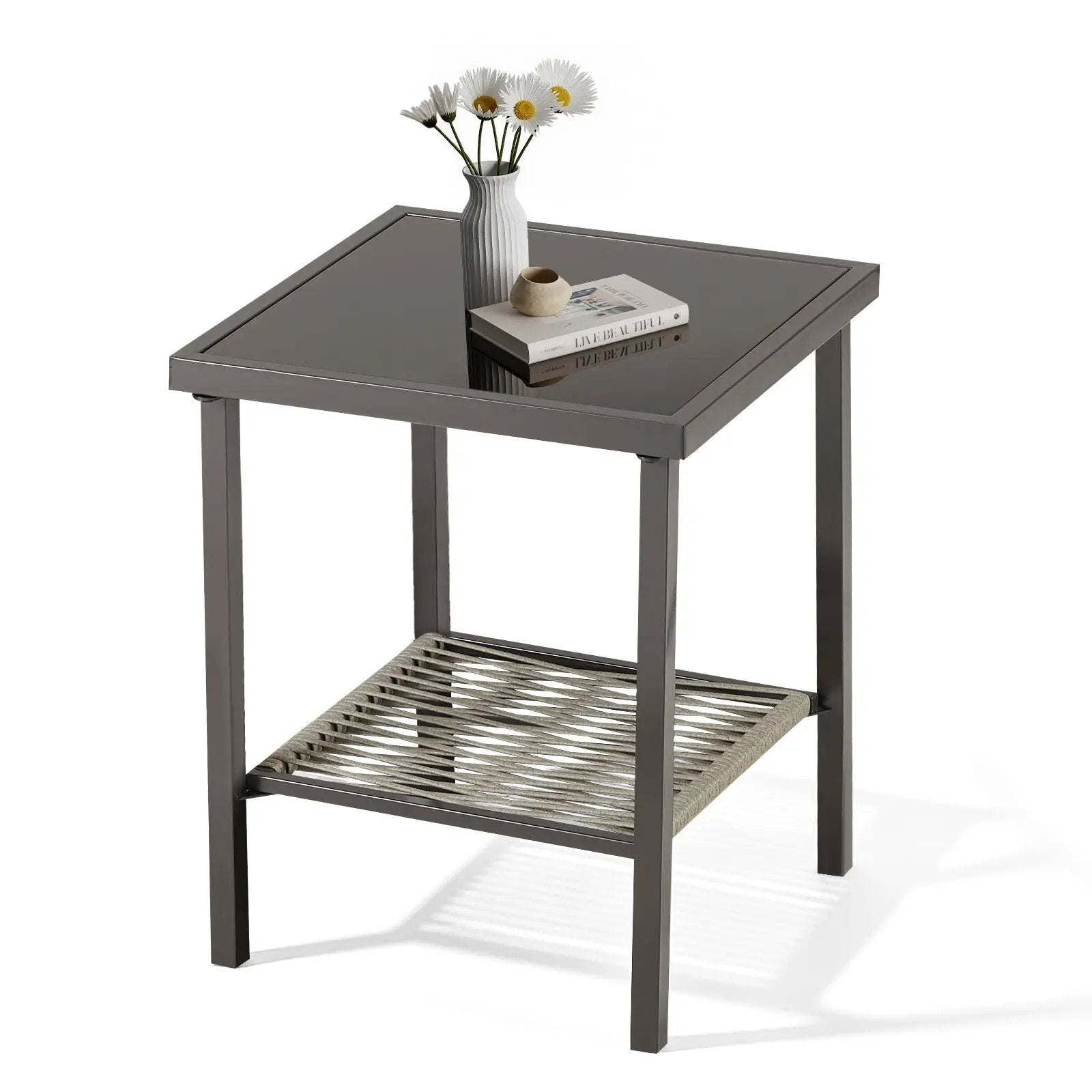 Outdoor Wicker Side Table 22x18x18 Inch All-Weather Rattan by HouseOfZazla
