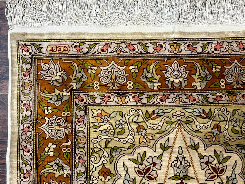 Silk Turkish Hereke Rug 2x3, Birds Lantern Very Fine 400 KPSI, Signed by Masterweaver, Wonderful, Rare, Small Hereke Rug by Jewel Rugs