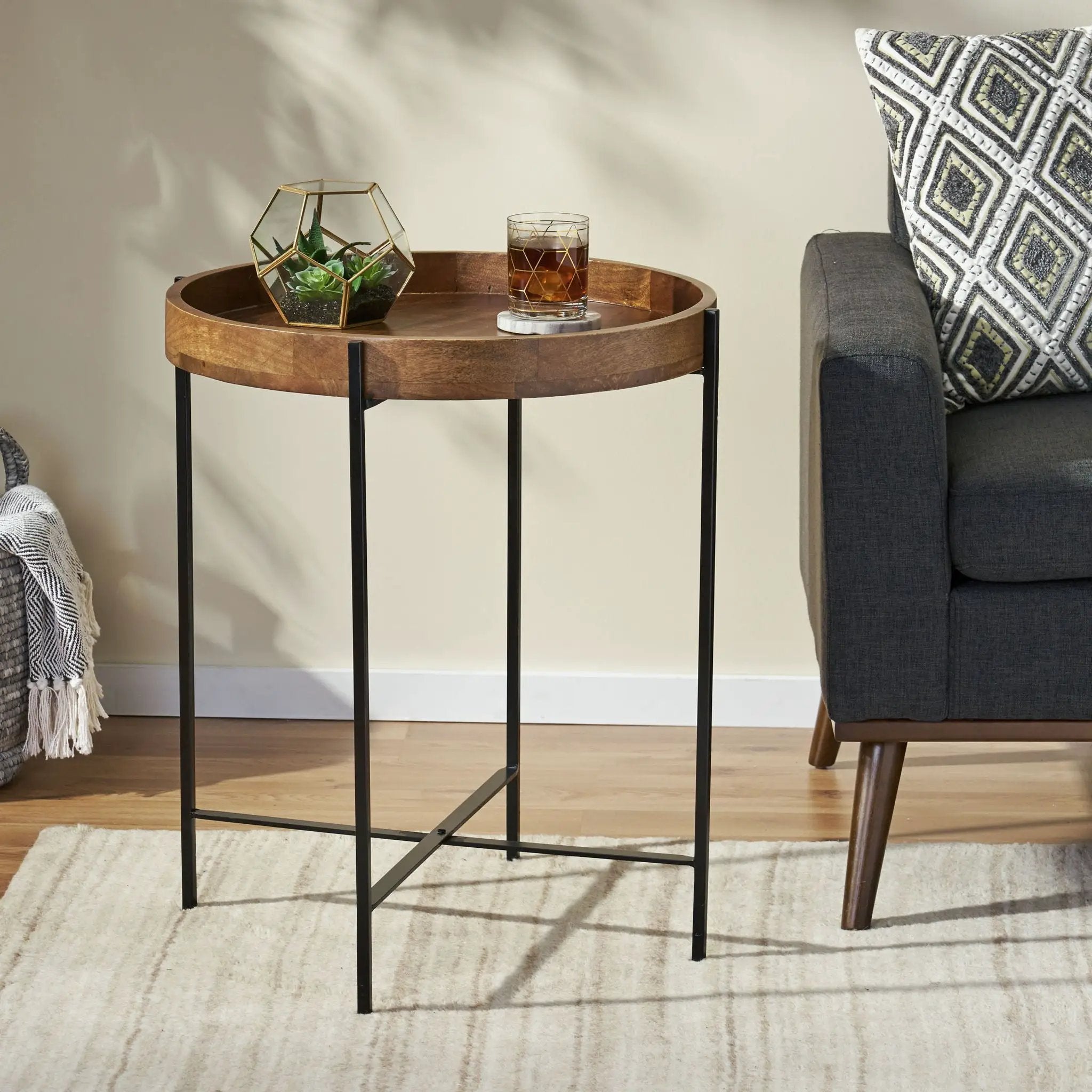 Modern Industrial Round End Table with Tray Top and Foldable Iron Legs - Natural by HouseOfZazla