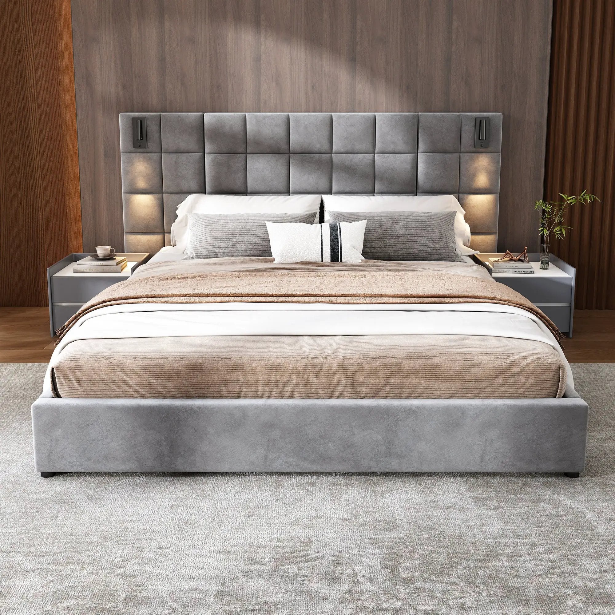 King Size Upholstered Bed Frame with Wall Sconce and USB Port by HouseOfZazla