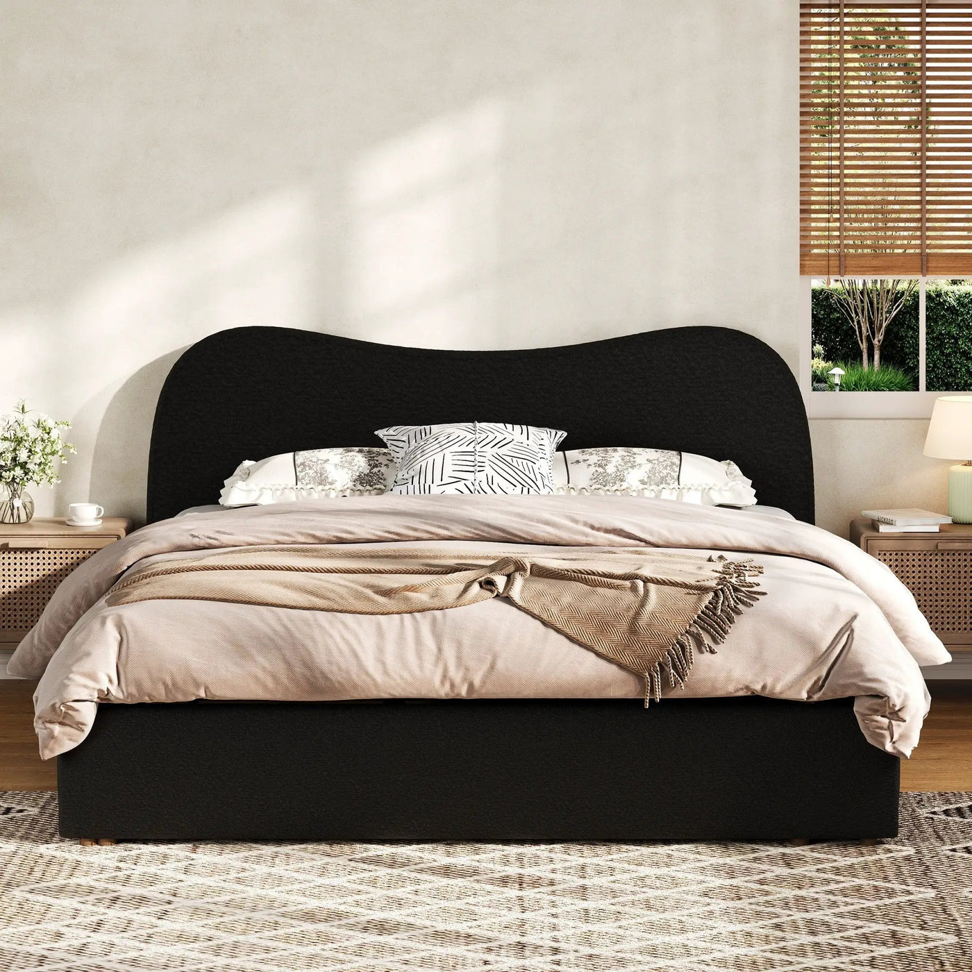 King Size Upholstered Platform Bed with Wooden Slats by HouseOfZazla