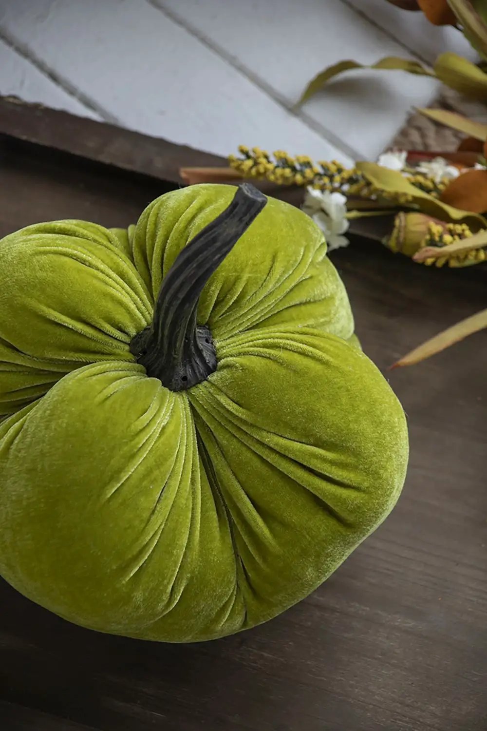 Velvet Weighted Pumpkin With Resin Stem Apple, Pumpkin Ornament Decor For Holiday Harvest Festival Fall Festival & Thanksgiving (Set of 2) - Green by HouseOfZazla