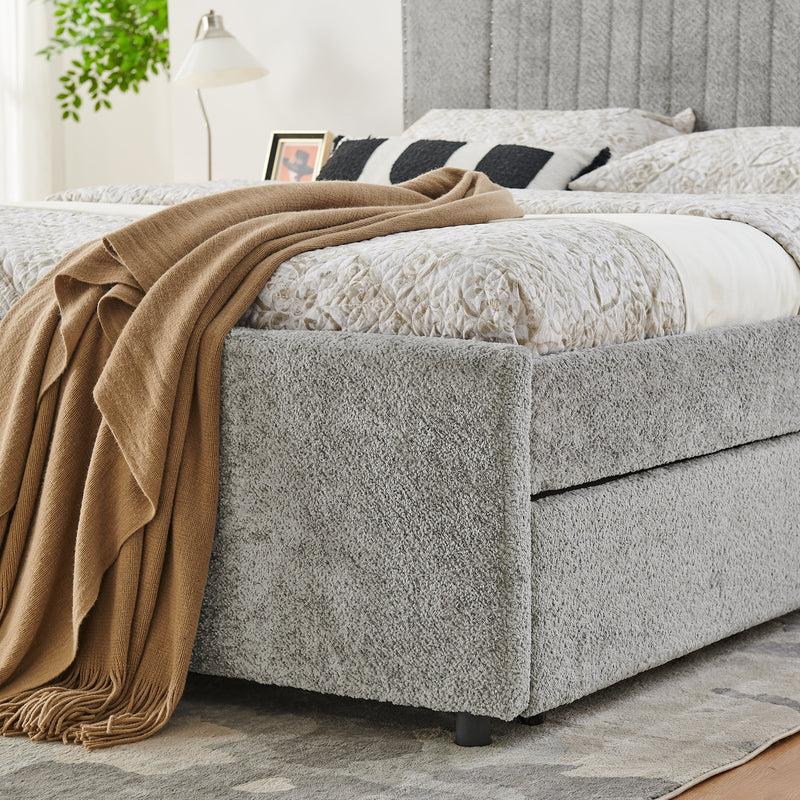 Queen Size Vertical Channel Tufted Headboard & Nailhead Trim Space Saving Upholstered Bed, Multi-functional Design with 2 Storage Drawers and Pull-out Trundle Bed, Chenille, photo 8 of 10