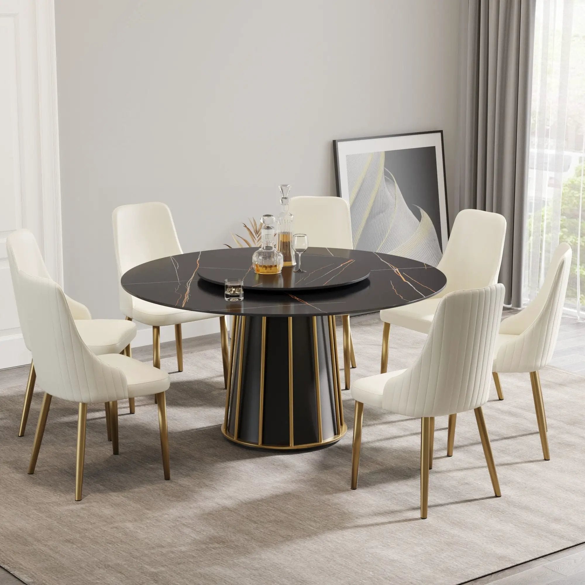 Modern Artificial Stone Round Metal Iron Base Dining Table, Can Accommodate 8 People Artificial Stone Turntable (Not Including Chairs) - Black by HouseOfZazla