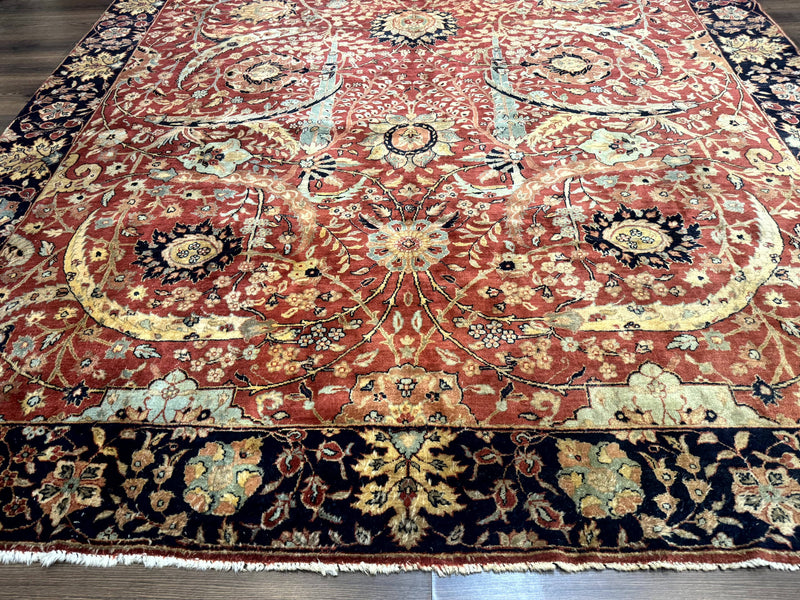 Indian Agra Rug 9x11, Terracotta and Navy Blue, Sickle Leaf Rug by Jewel Rugs
