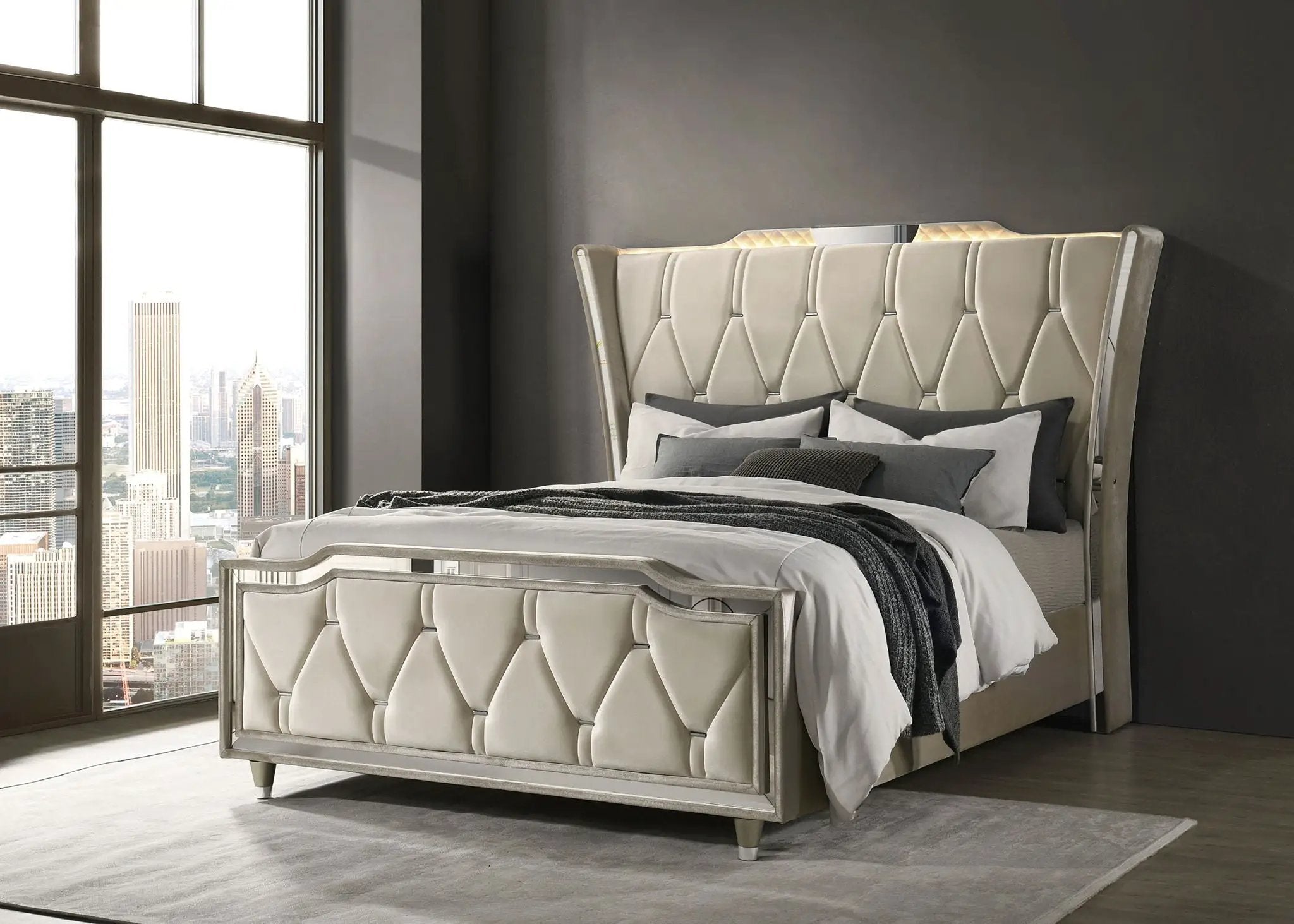 Lorient Queen LED Upholstered Wingback Bed Ivory and Camel by Unique Piece Furniture