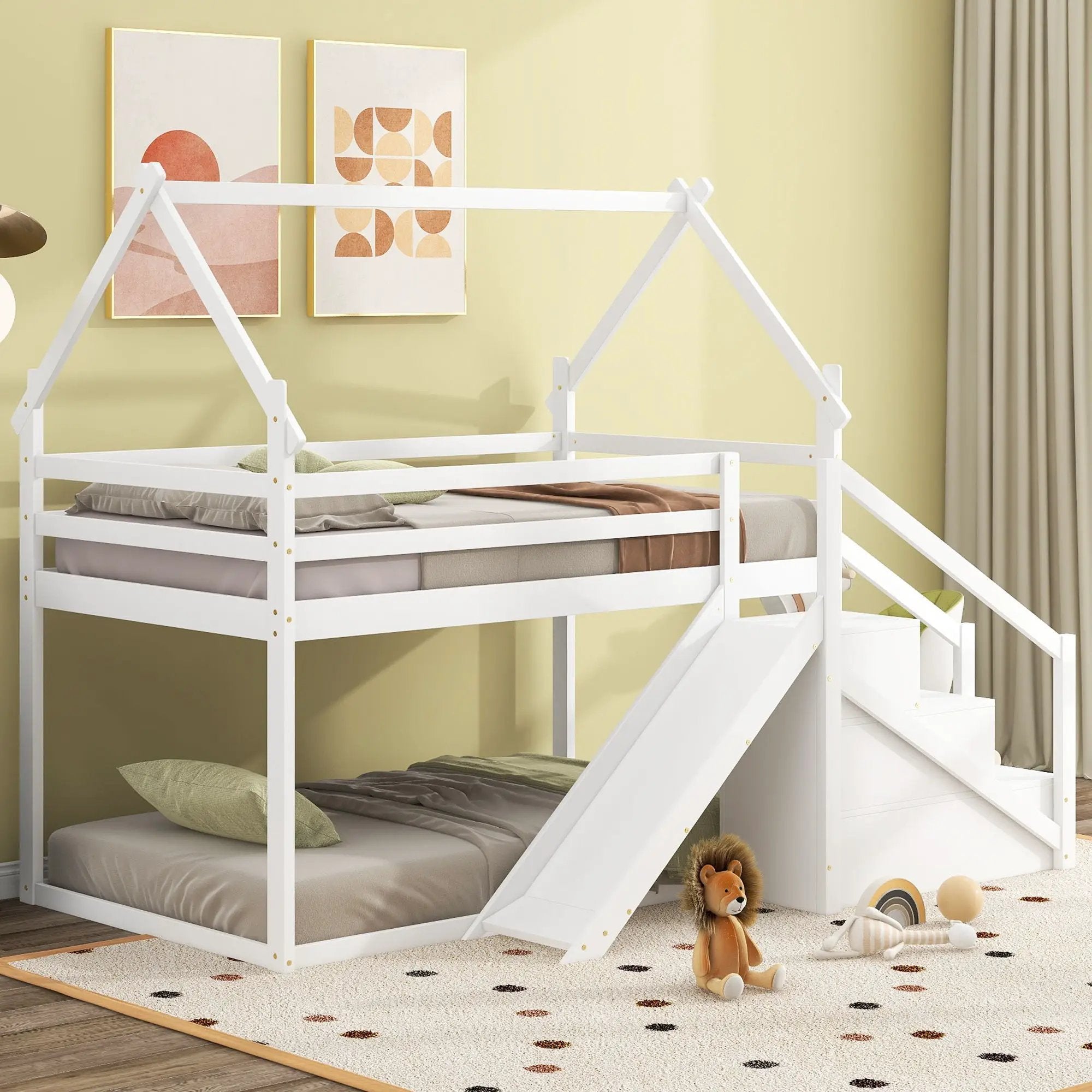 Twin Over Twin House Loft Or Bunk Bed With Slide And Staircase by HouseOfZazla