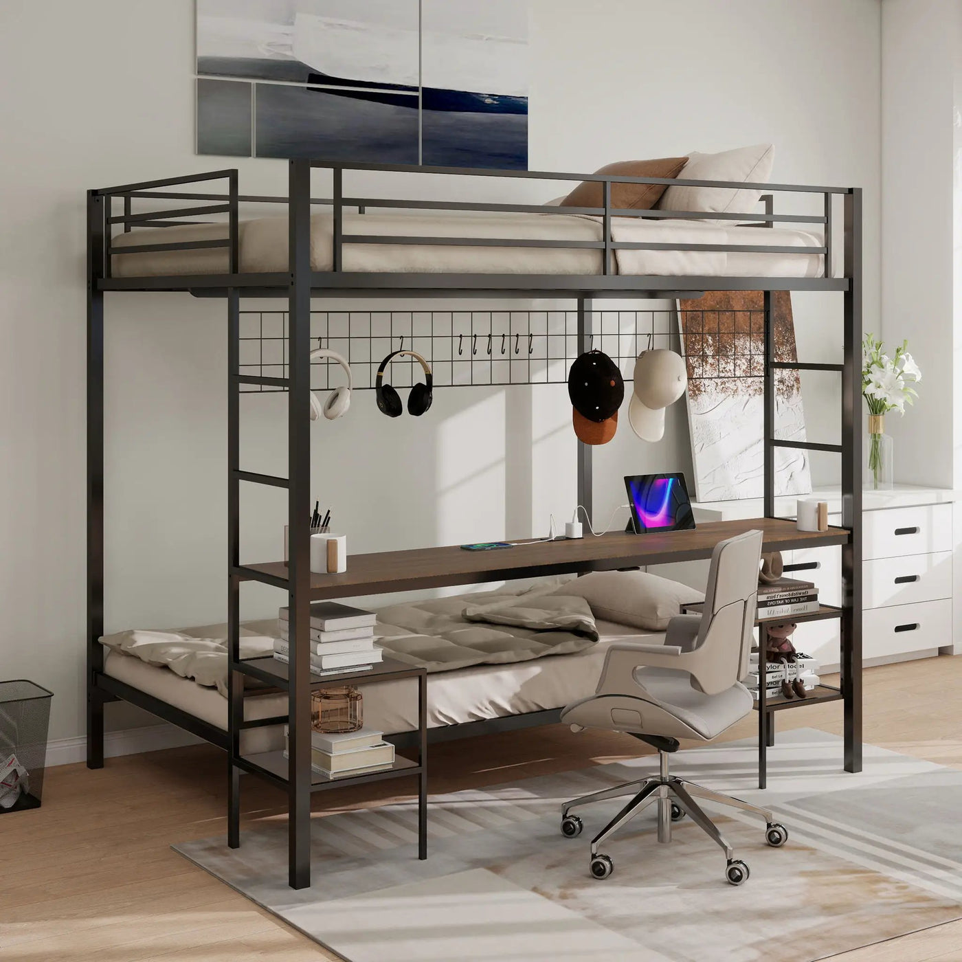 Ethan - Bunk Bed With Desk, Charging Station, Storage Shelves by HouseOfZazla