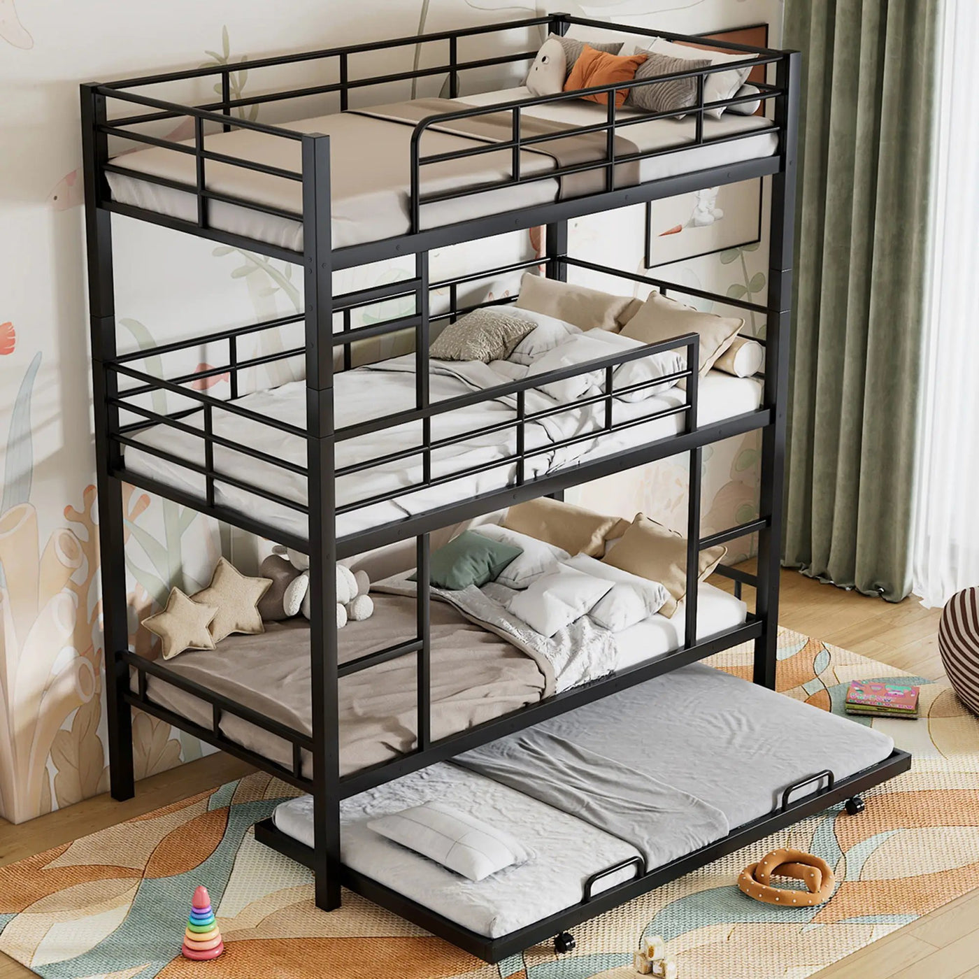 Triple Bunk Bed With Trundle, Heavy Duty Steel Construction by HouseOfZazla