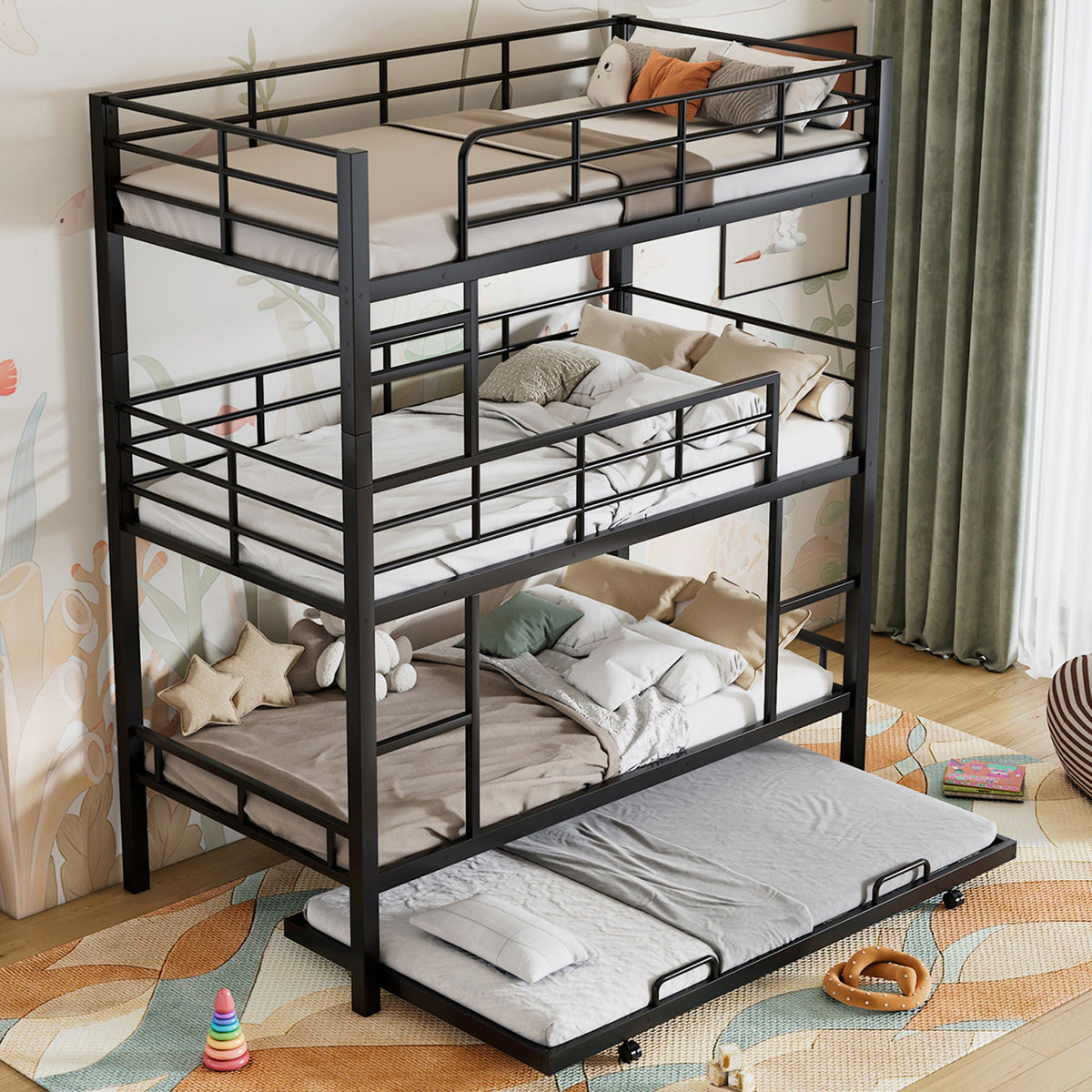 Triple Twin Bunk Bed with Trundle - Heavy Duty Steel Construction, photo 18 of 24