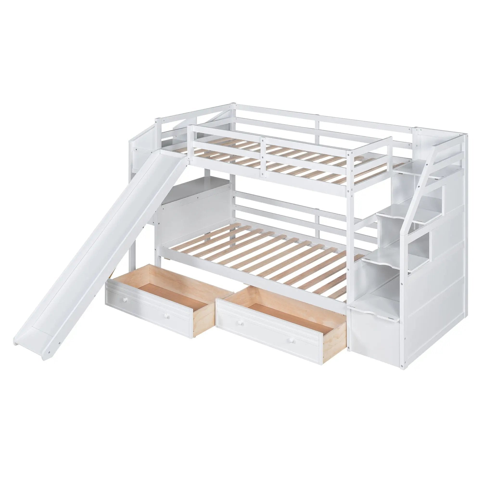 Bunk Bed With Storage Staircase, Slide, Desk, Drawers, And Shelves by HouseOfZazla