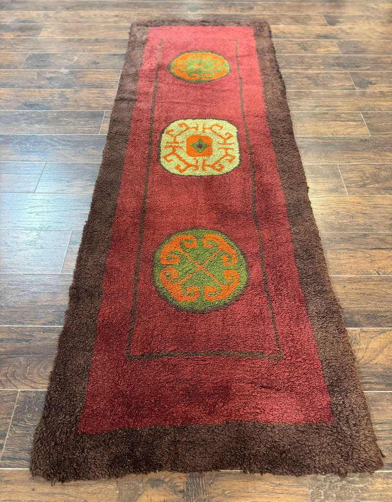 German Hooked Runner Rug 3x8, Vintage, Red, Wool by Jewel Rugs
