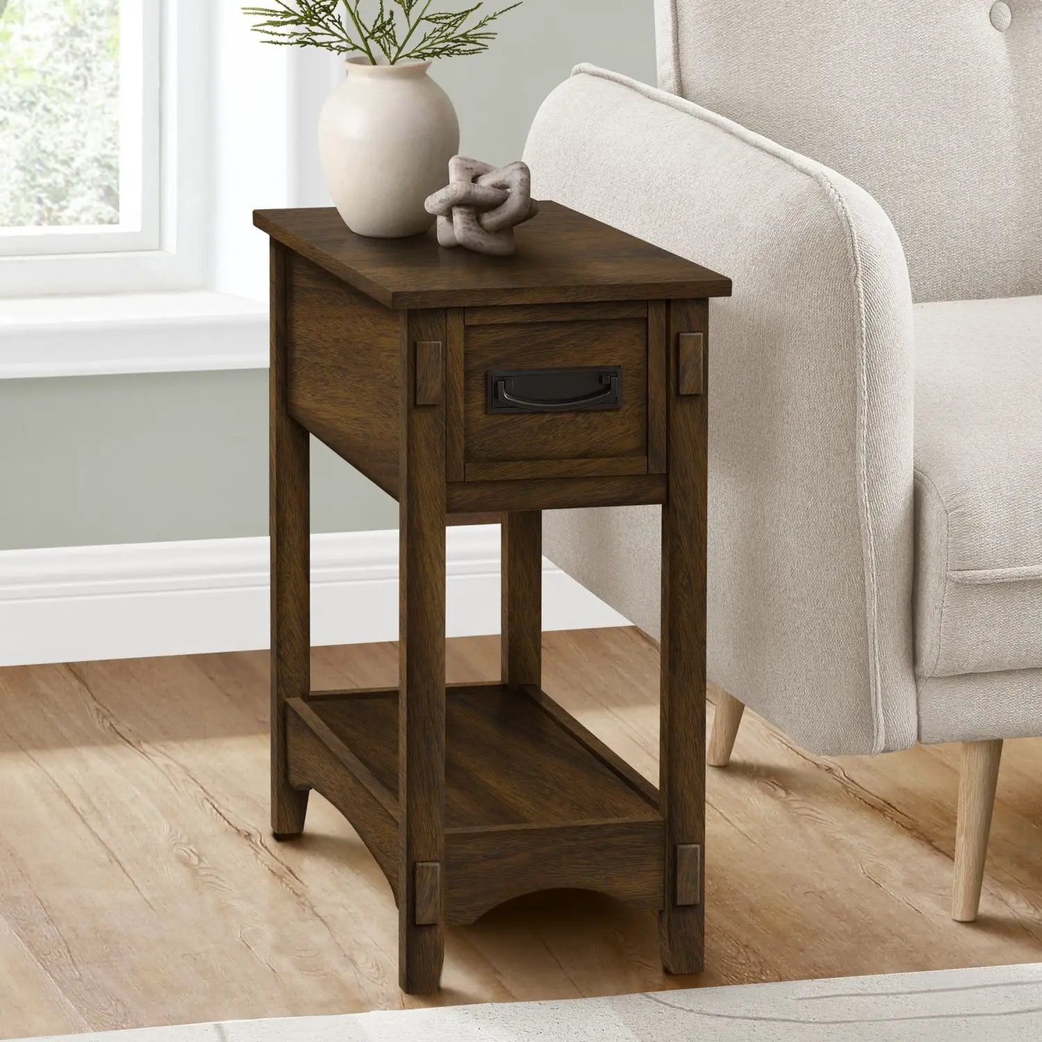 Accent End Table, 2 Tier, Narrow, Storage Drawer, Transitional - Walnut by Unique Piece Furniture