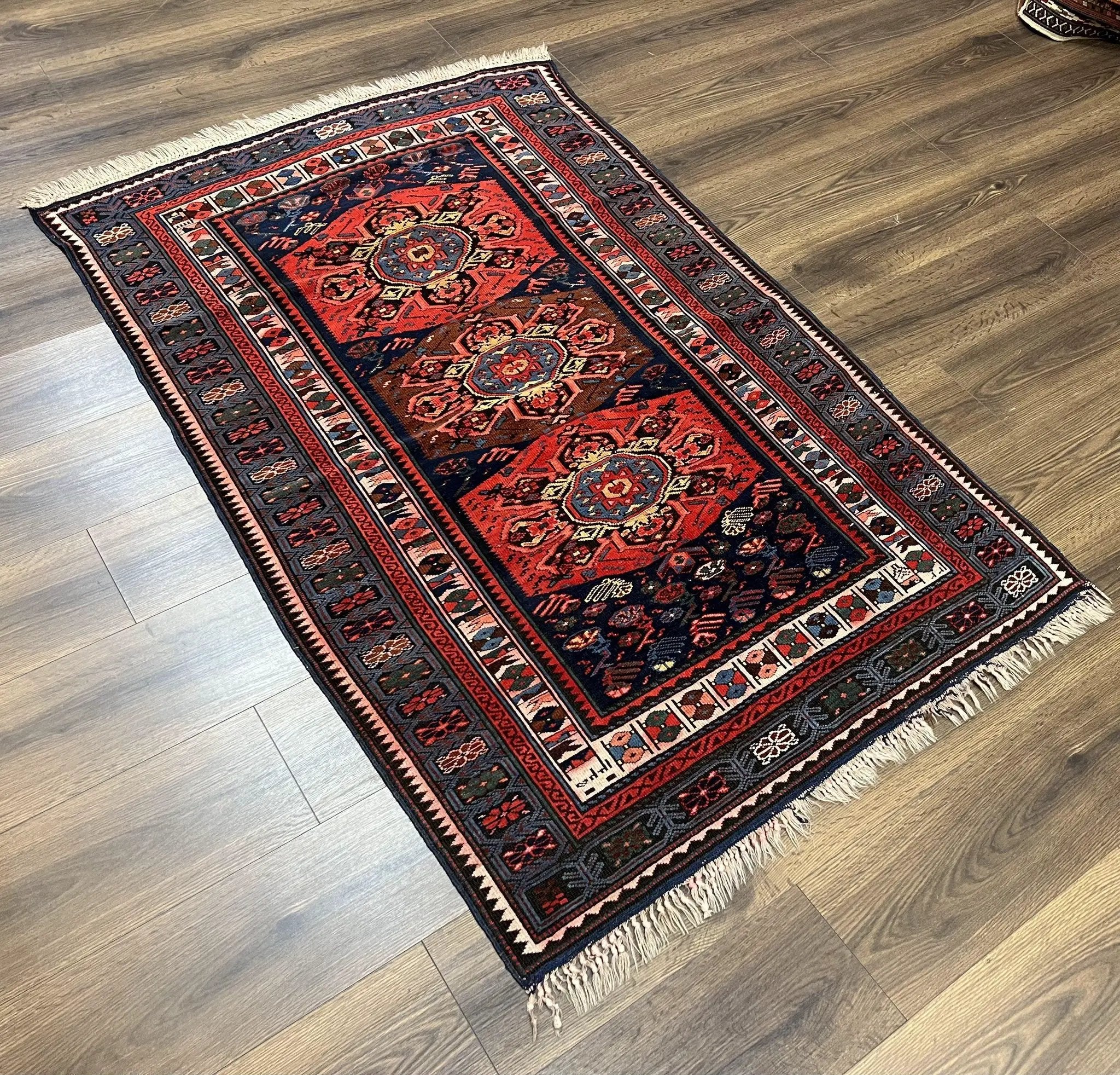 Antique Caucasian Seychour Rug 3.7 x 5.5, Collectible Oriental Carpet, Navy Blue and Red, Fine Kuba Rug, Vintage Rug, Wool Hand Knotted Rug by Jewel Rugs