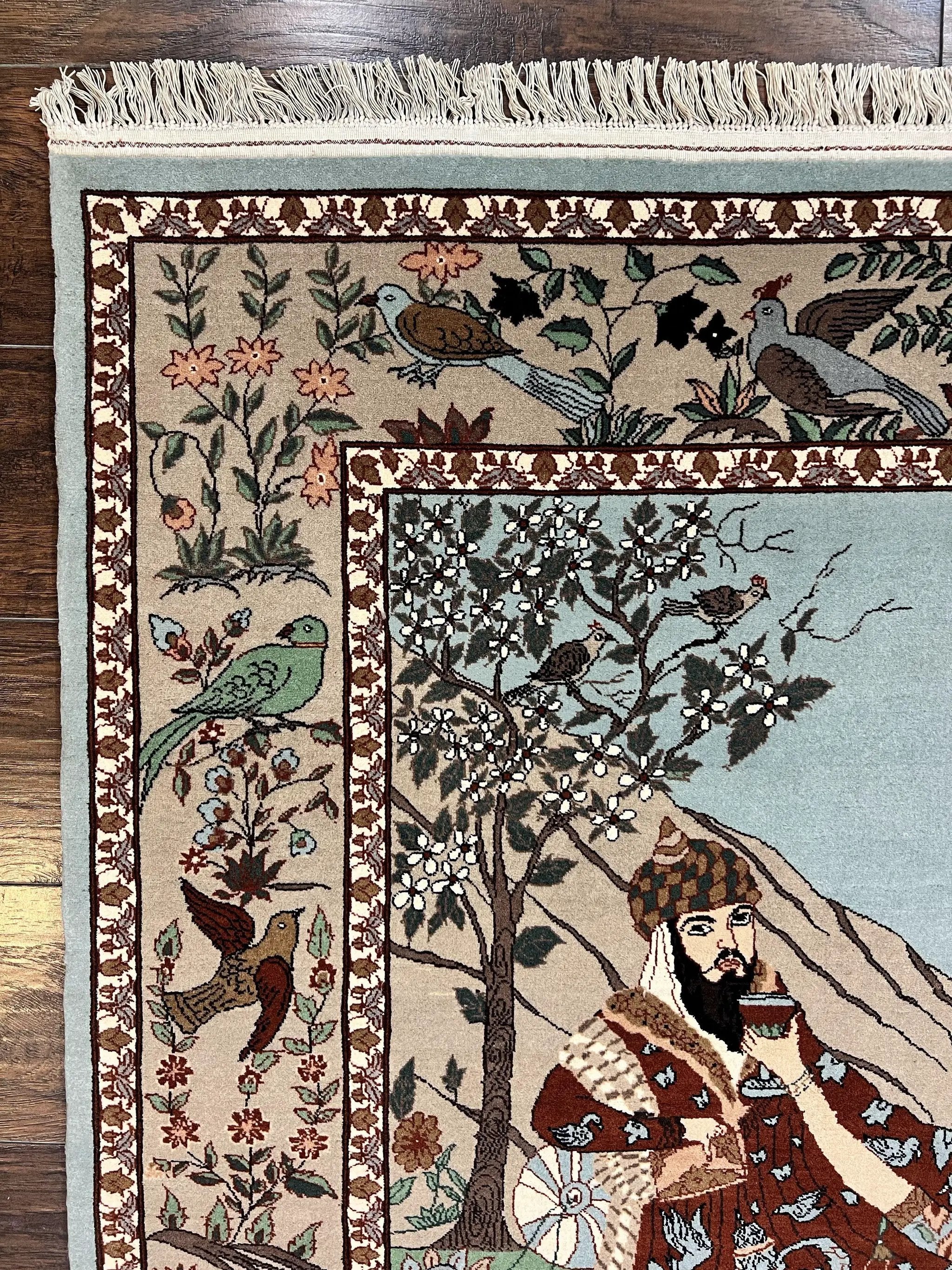 Indo Persian Pictorial Rug 4x7, Handmade Hand Knotted Wool Semi Antique Horizontal Carpet, Men & Women Drinking, Fine Rug, Bird Pictorials by Jewel Rugs